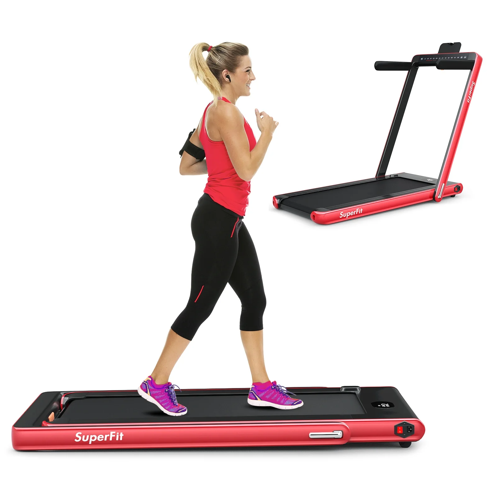 2-in-1 Electric Folding Treadmill, Dual Display, Speaker, Red - Image 7