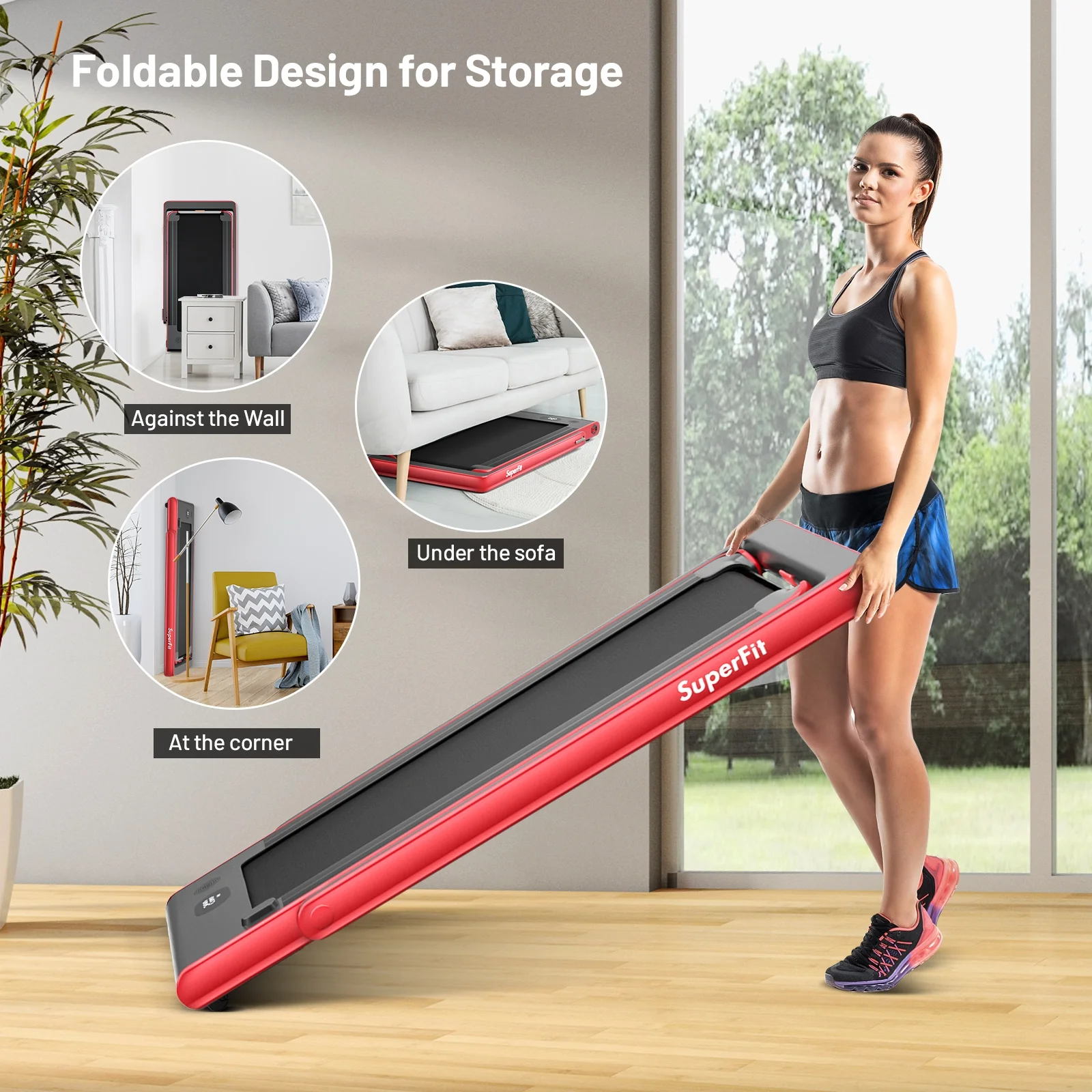 2-in-1 Electric Folding Treadmill, Dual Display, Speaker, Red - Image 8