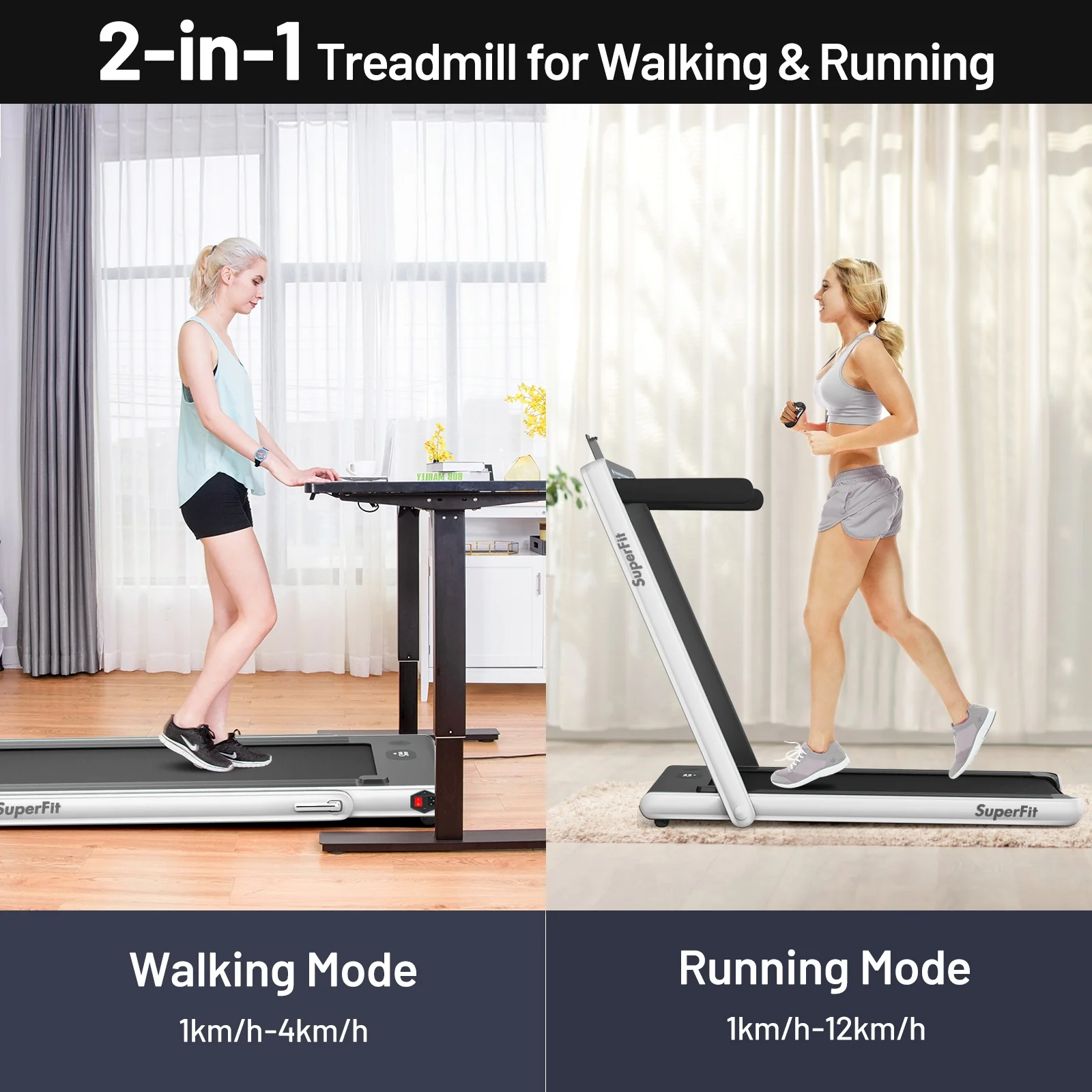 2-in-1 Electric Folding Treadmill, Dual Display Speaker, White - Image 10