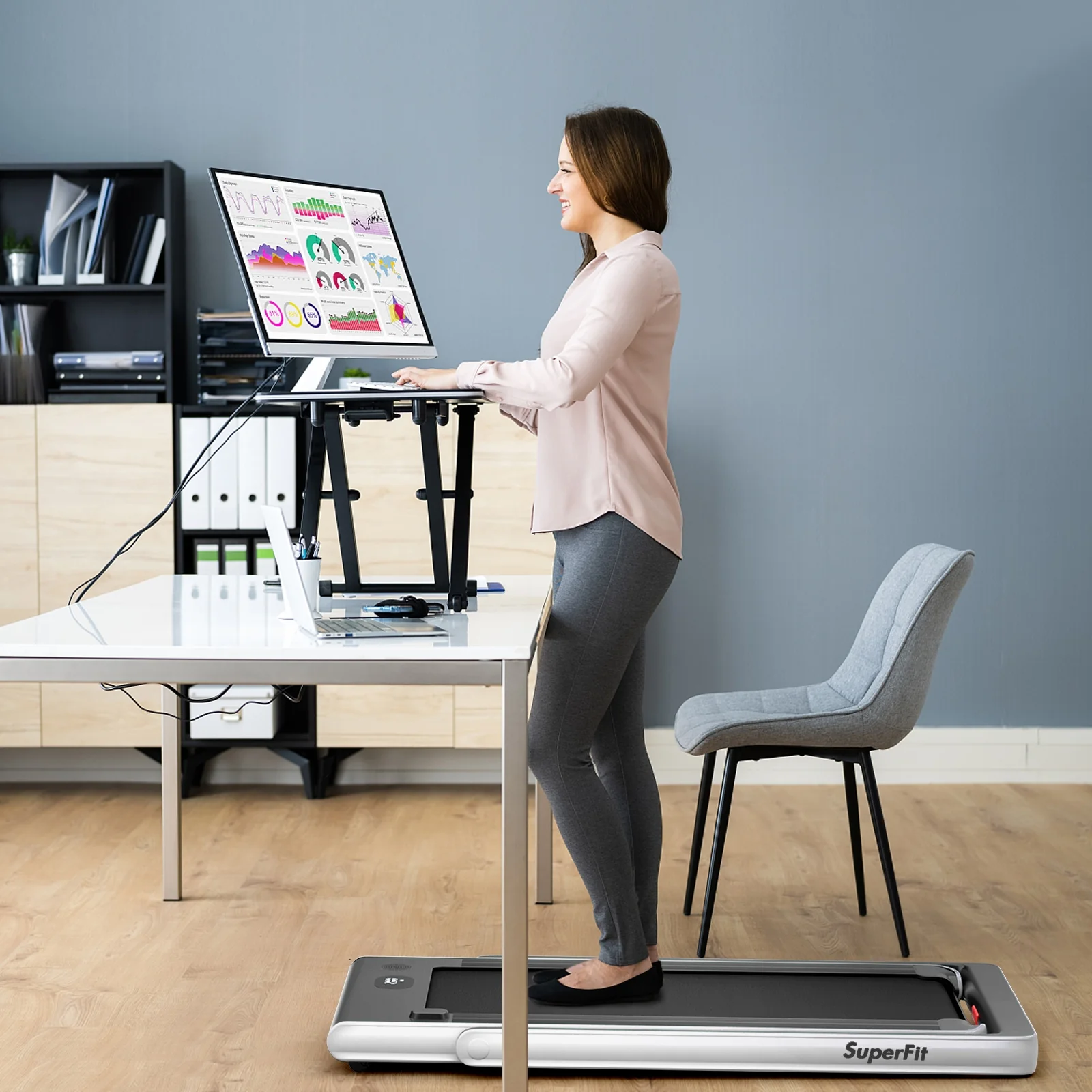 2-in-1 Electric Folding Treadmill, Dual Display Speaker, White - Image 2