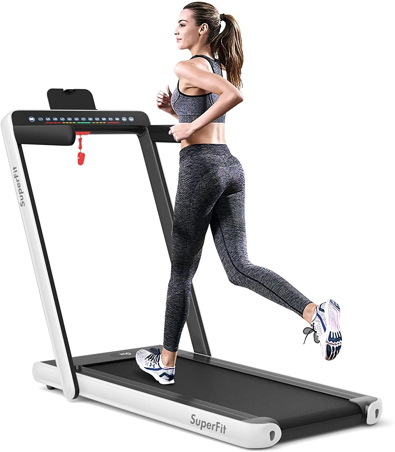 2-in-1 Electric Folding Treadmill, Dual Display Speaker, White - Image 4