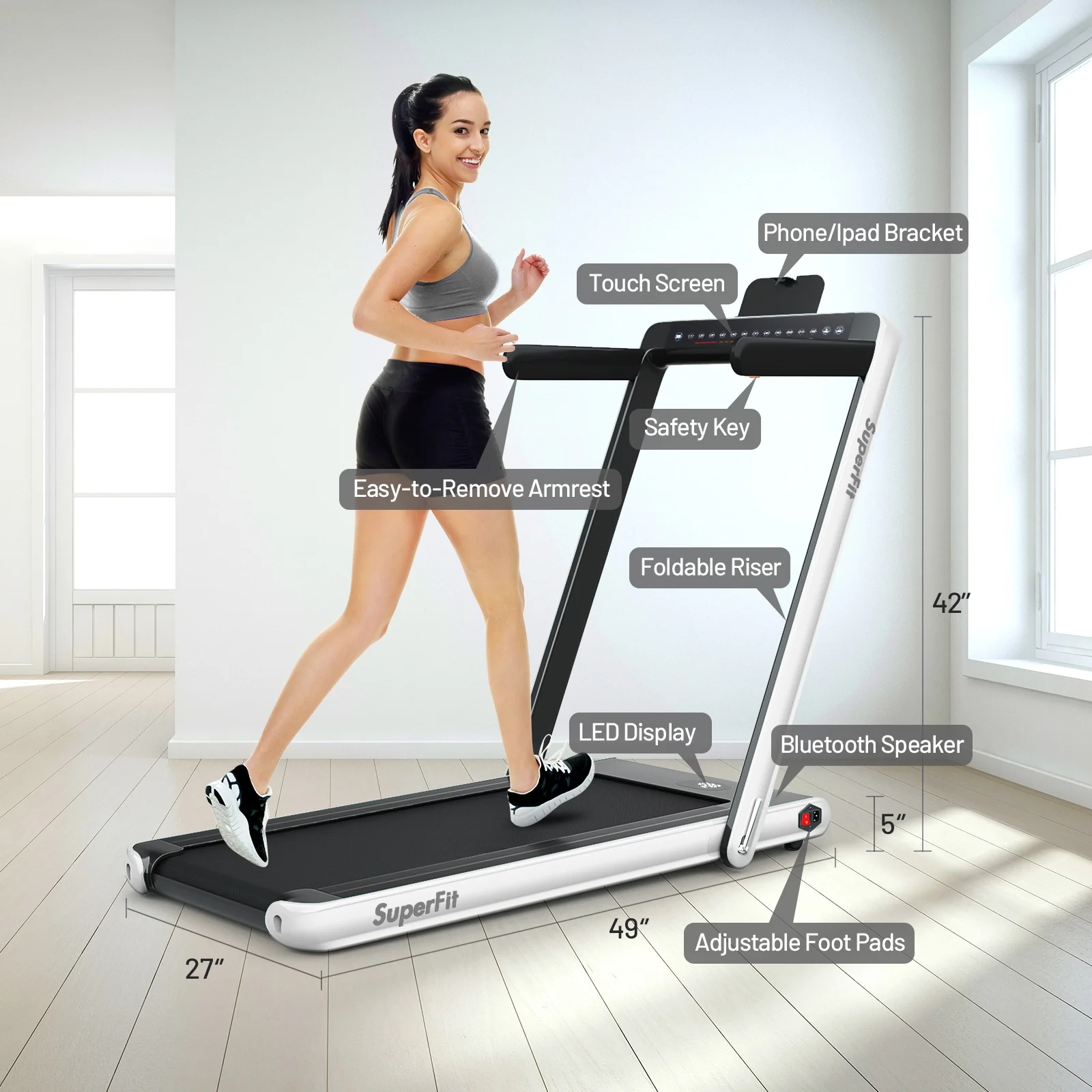 2-in-1 Electric Folding Treadmill, Dual Display Speaker, White - Image 5