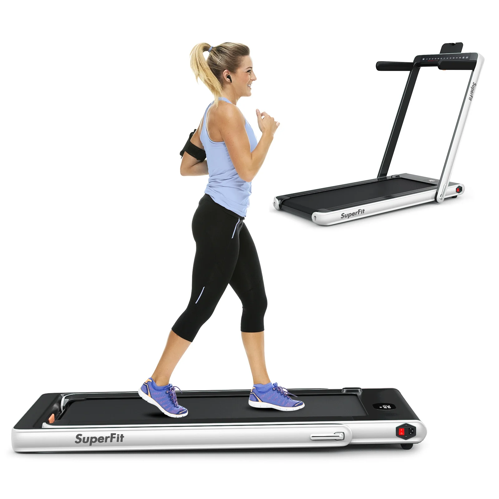 2-in-1 Electric Folding Treadmill, Dual Display Speaker, White - Image 6