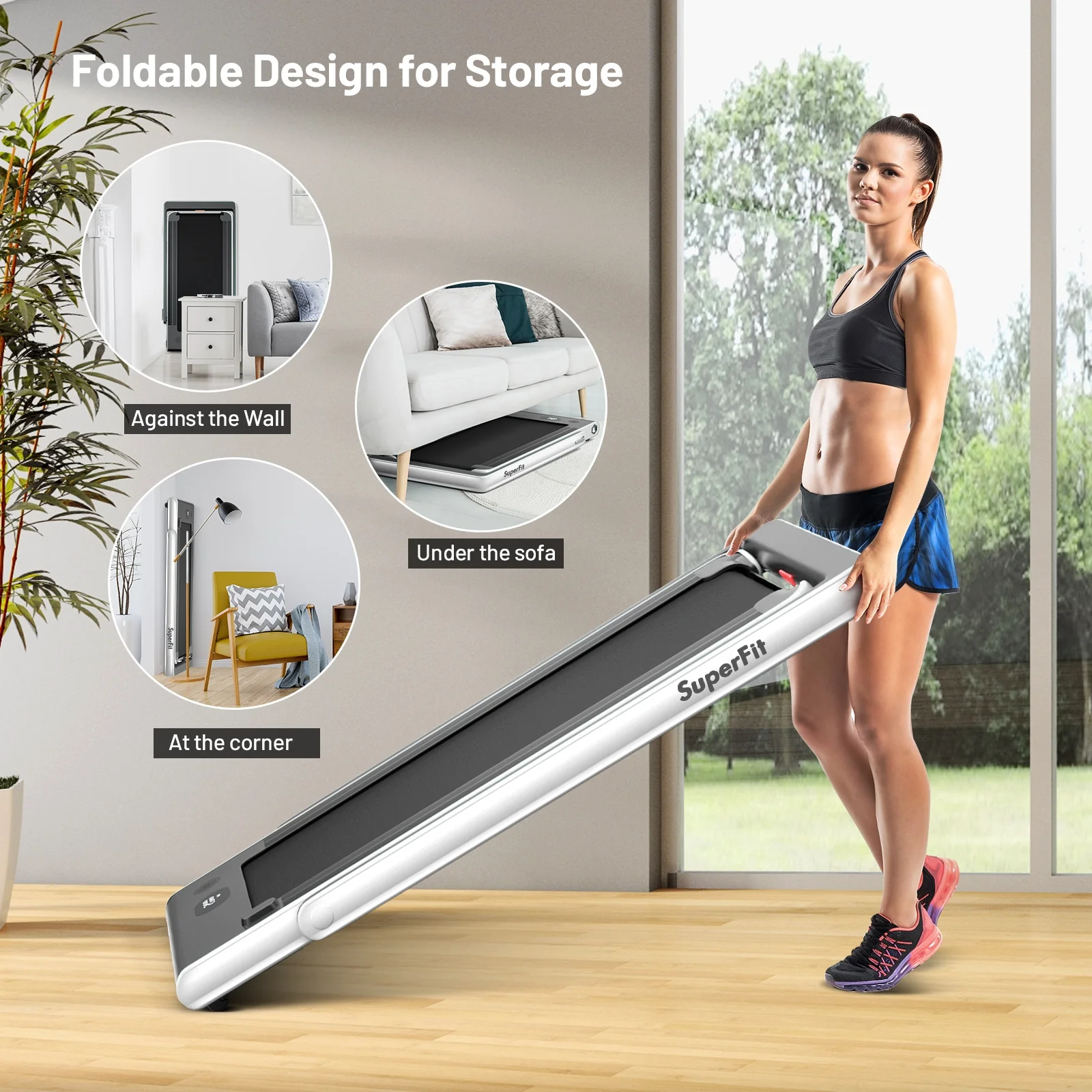 2-in-1 Electric Folding Treadmill, Dual Display Speaker, White - Image 7