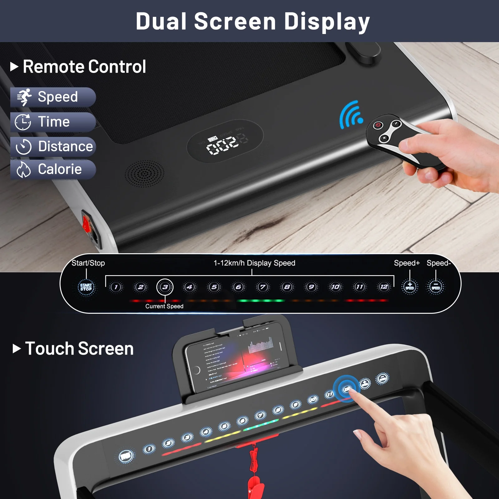 2-in-1 Electric Folding Treadmill, Dual Display Speaker, White - Image 9