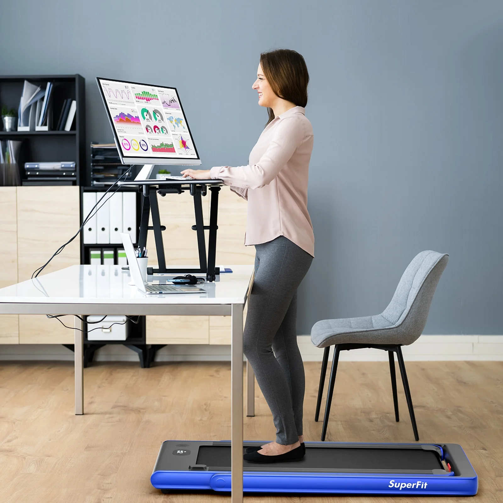 2-in-1 Electric Motorized Folding Treadmill, Dual Display, Blue - Image 2