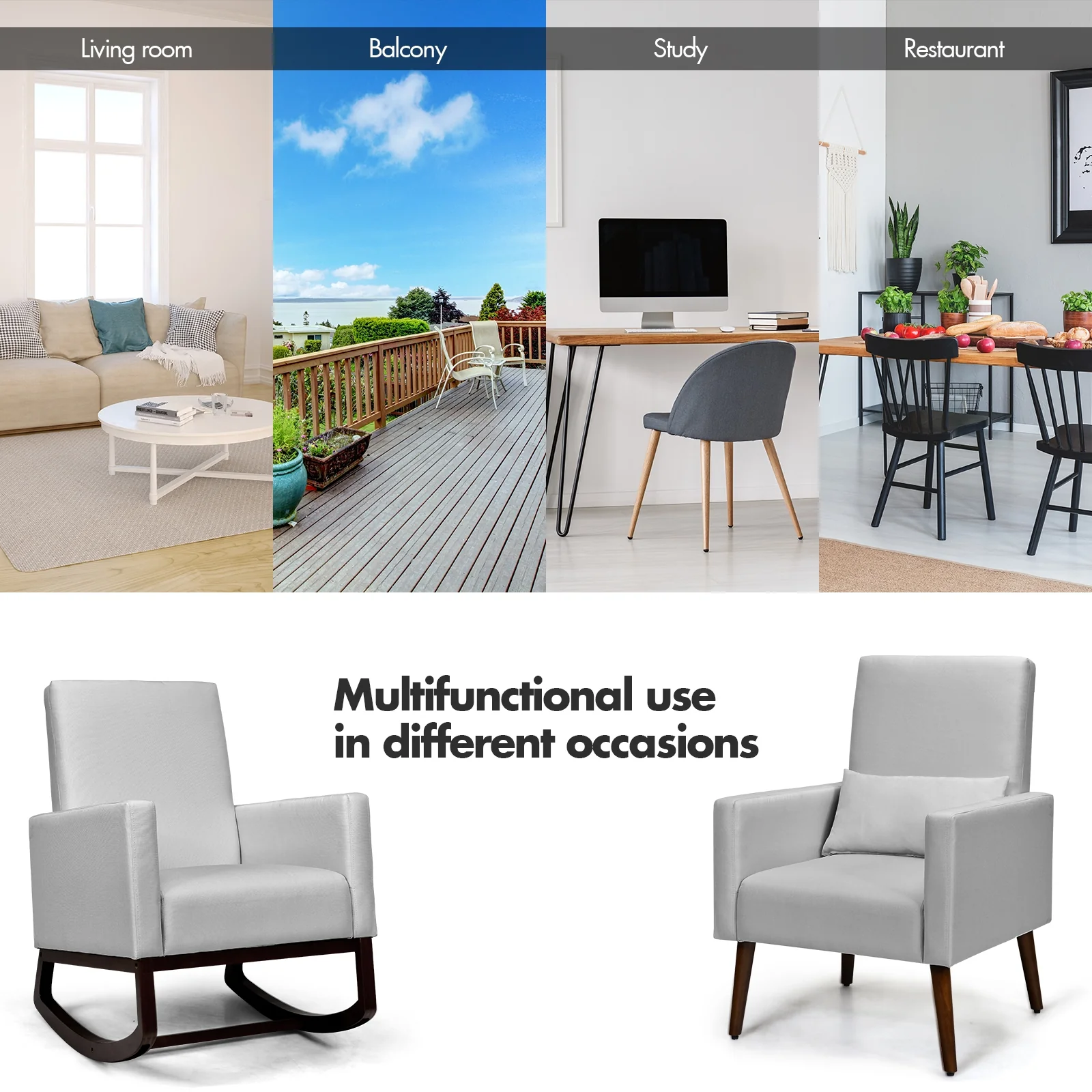 2-In-1 Fabric Upholstered Rocking Chair, Light Gray - Image 7