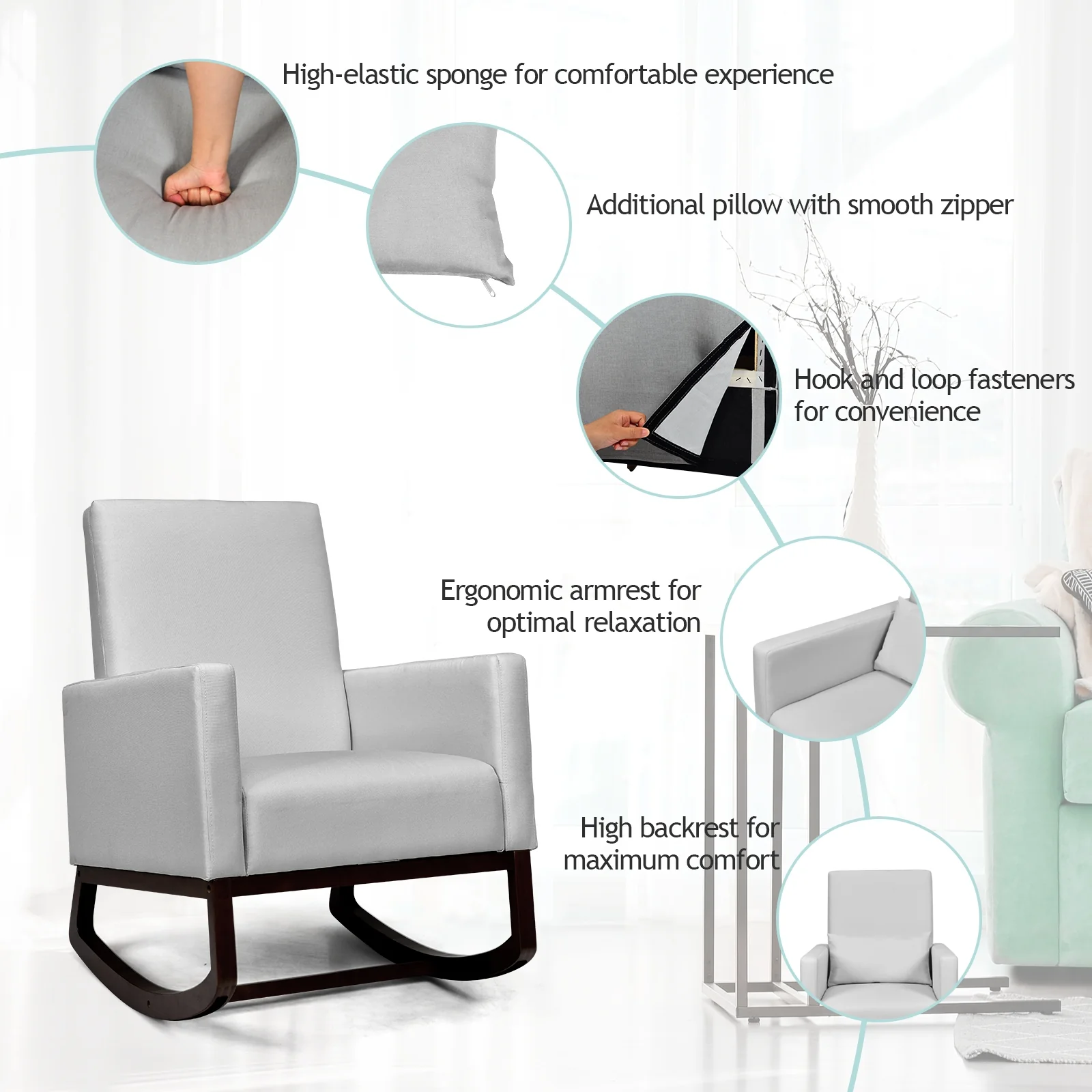 2-In-1 Fabric Upholstered Rocking Chair, Light Gray - Image 8