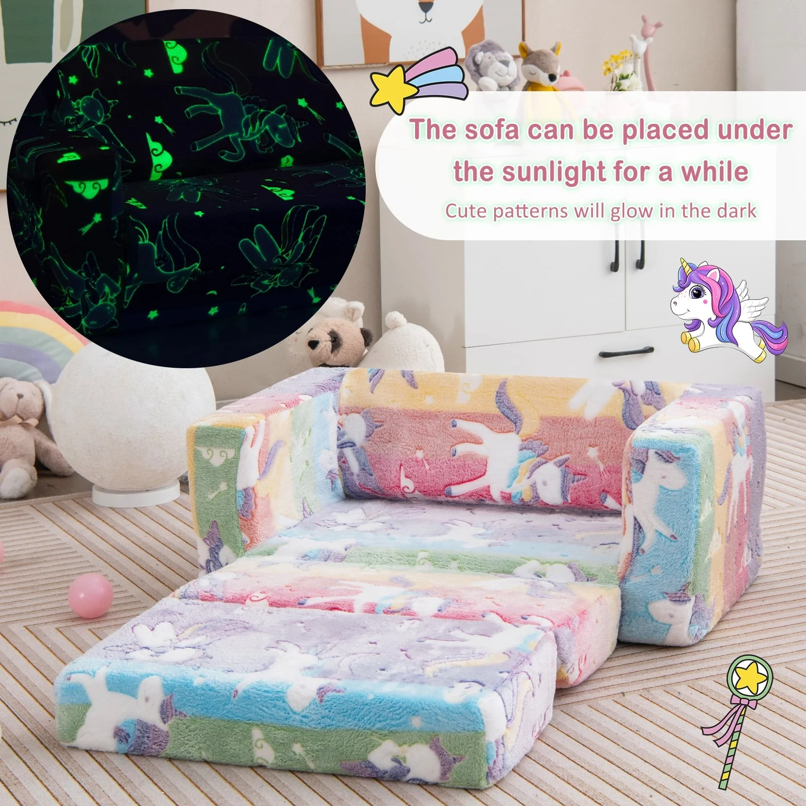 2-in-1 Flip Out Kids Sofa Chair, Detachable Flannel Cover, Glowing Patterns - Image 6