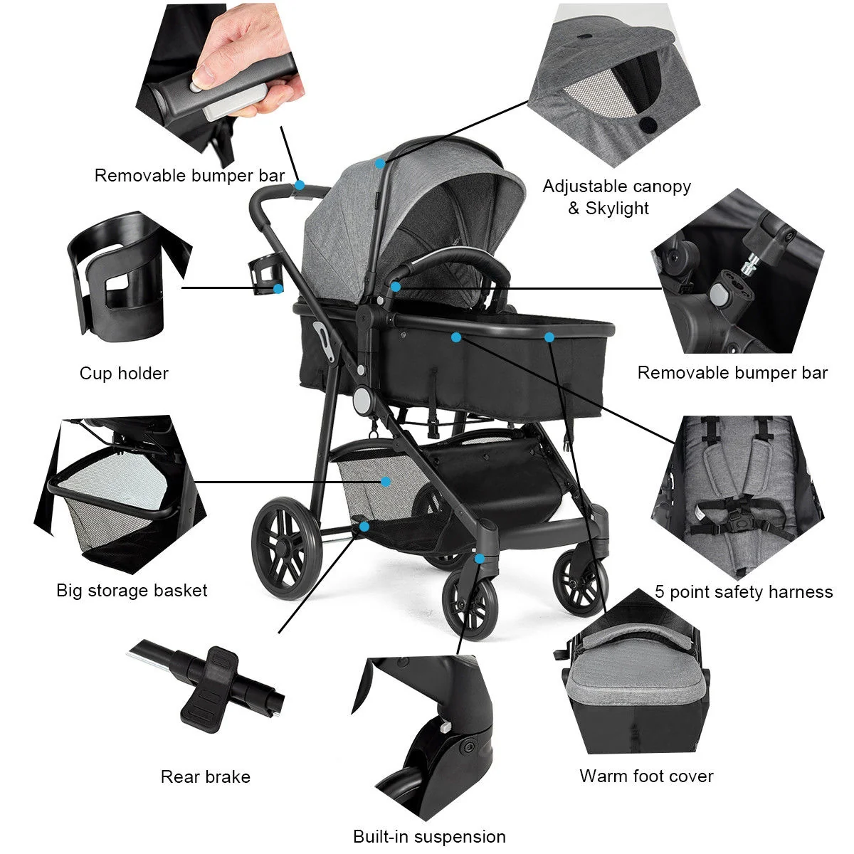 2 In 1 Foldable Newborn Baby Stroller, Gray - Image 8