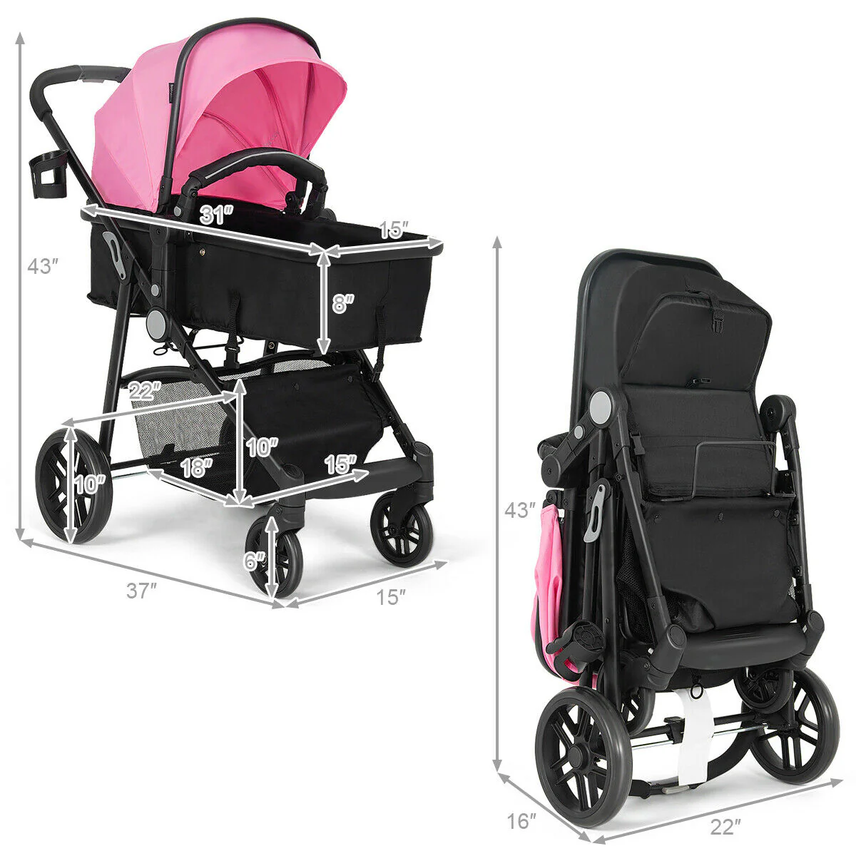 2 In 1 Foldable Newborn Baby Stroller, Pink - Image 5