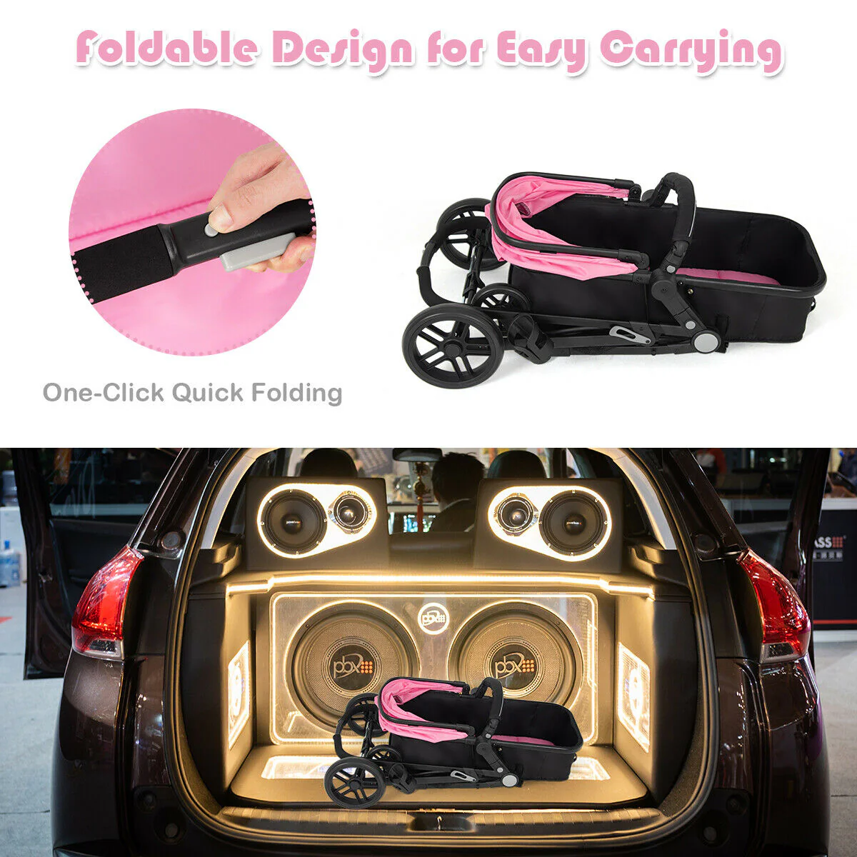2 In 1 Foldable Newborn Baby Stroller, Pink - Image 6