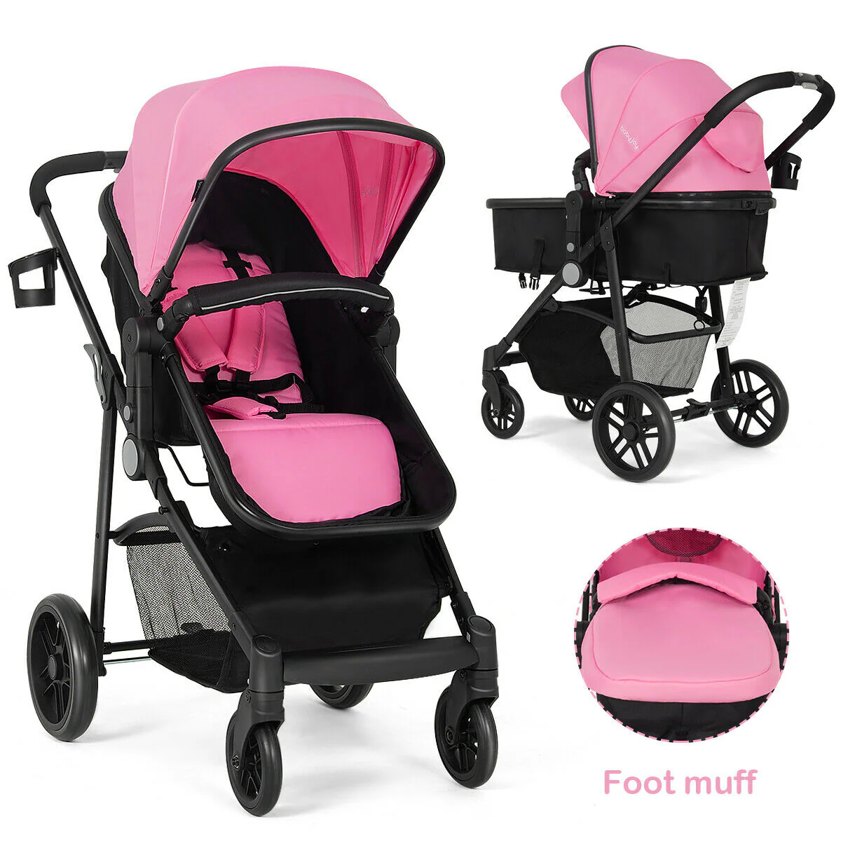 2 In 1 Foldable Newborn Baby Stroller, Pink - Image 7