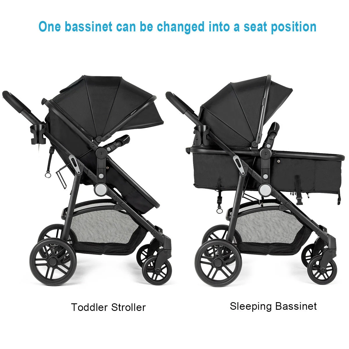 2 in 1 Foldable Pushchair Newborn Infant Baby Stroller, Black - Image 4