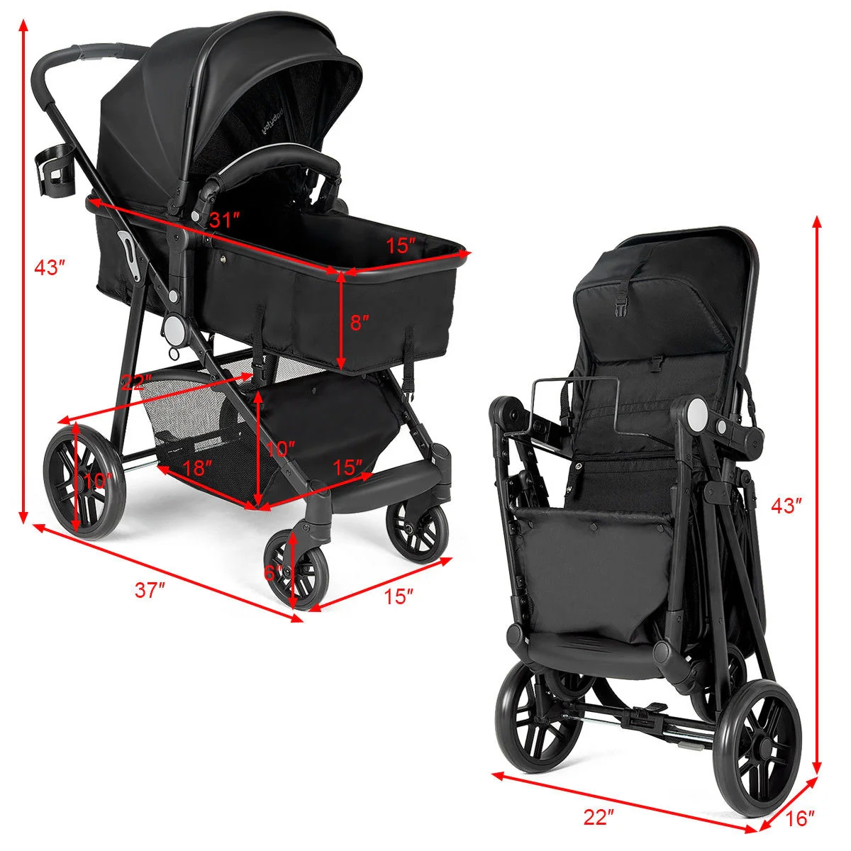 2 in 1 Foldable Pushchair Newborn Infant Baby Stroller, Black - Image 5