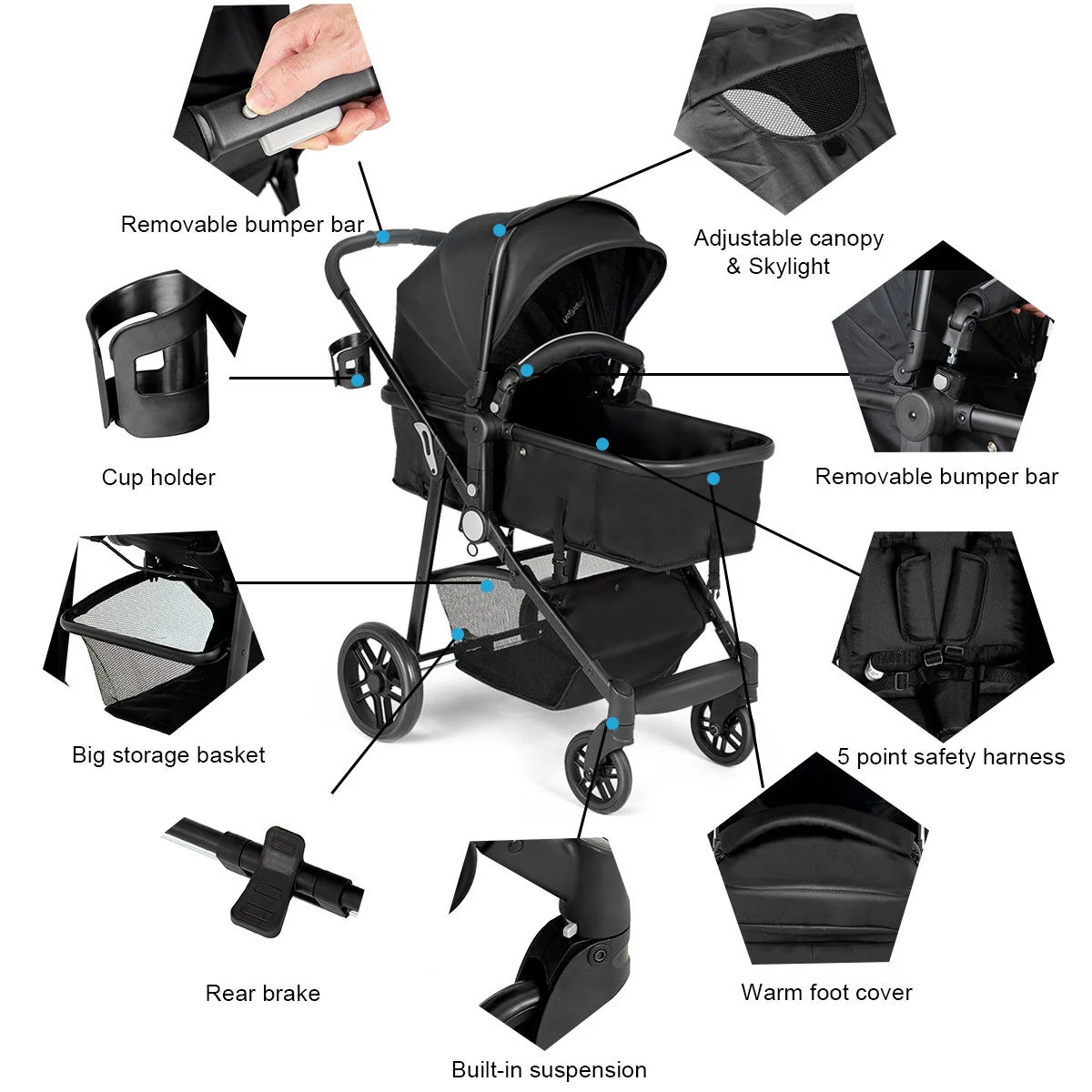 2 in 1 Foldable Pushchair Newborn Infant Baby Stroller, Black - Image 6