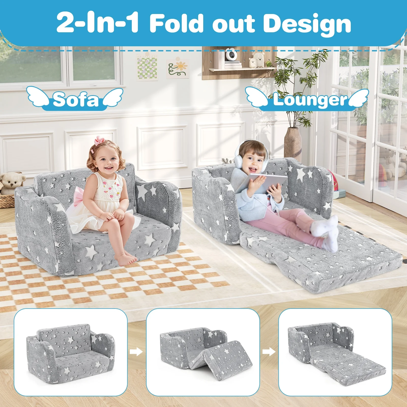 2-in-1 Folding Kids Couch With Blanket, Glow In Dark, Gray - Image 10