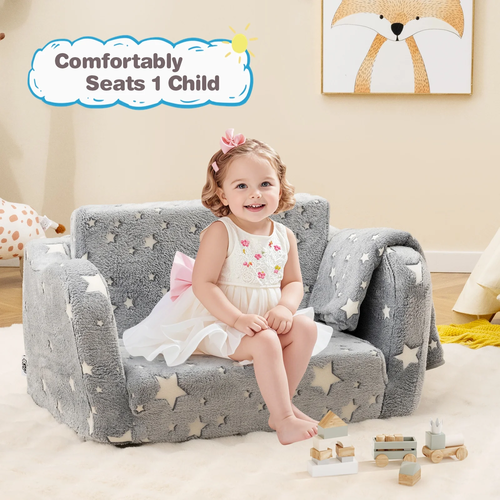 2-in-1 Folding Kids Couch With Blanket, Glow In Dark, Gray - Image 2