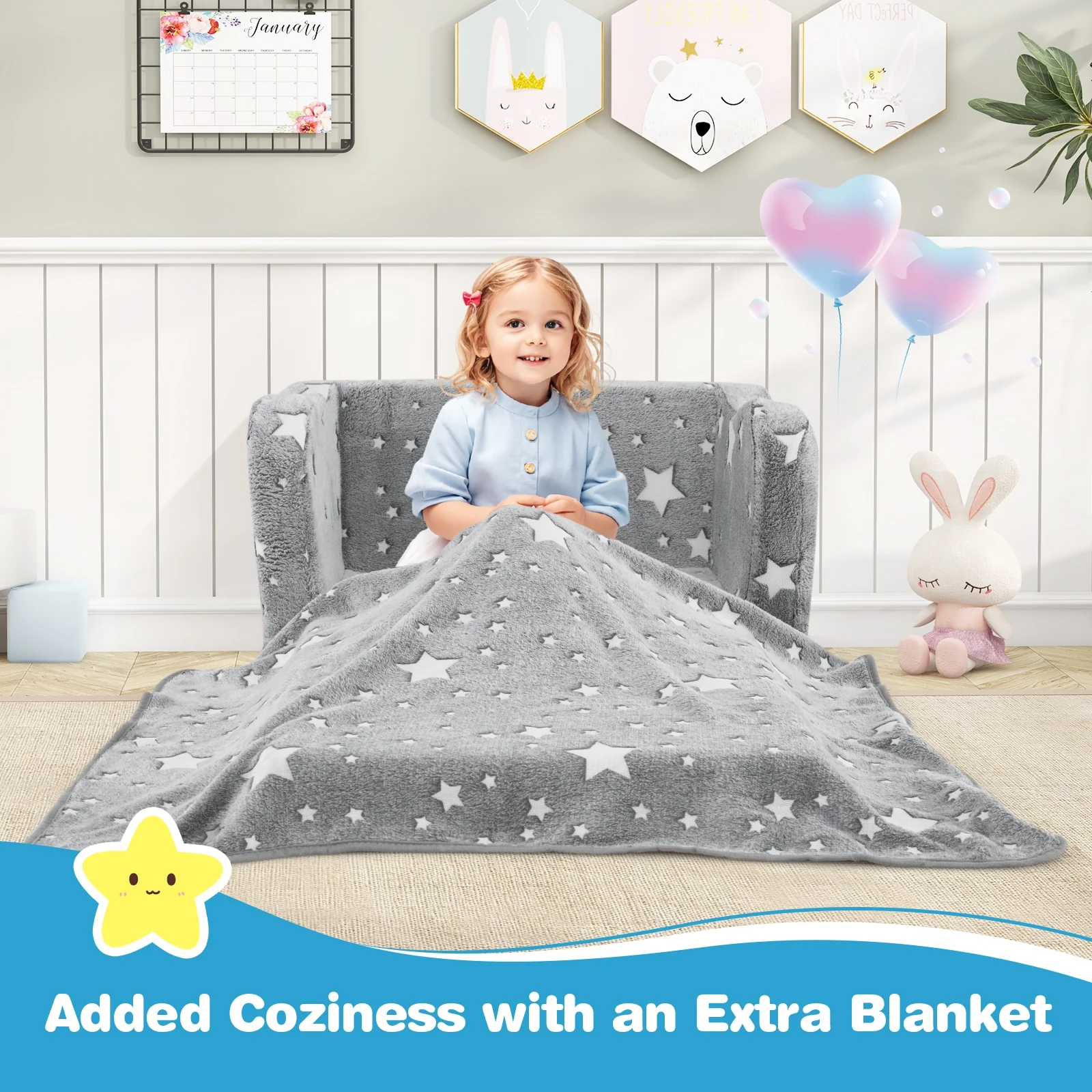 2-in-1 Folding Kids Couch With Blanket, Glow In Dark, Gray - Image 3