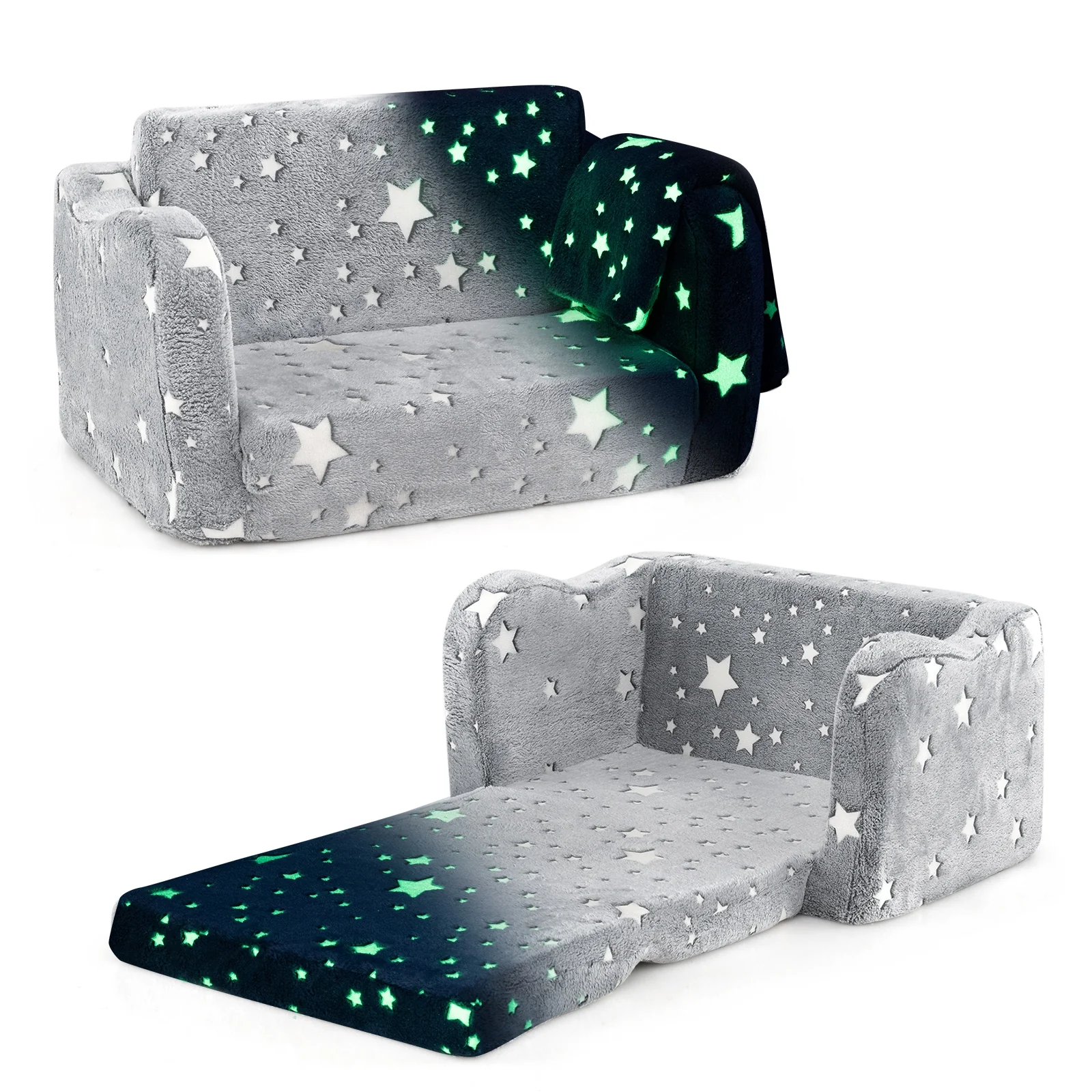 2-in-1 Folding Kids Couch With Blanket, Glow In Dark, Gray - Image 5