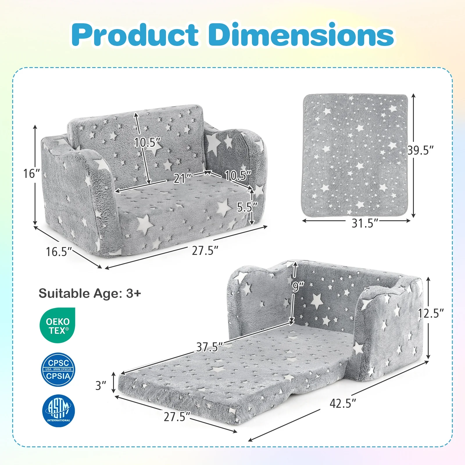 2-in-1 Folding Kids Couch With Blanket, Glow In Dark, Gray - Image 6