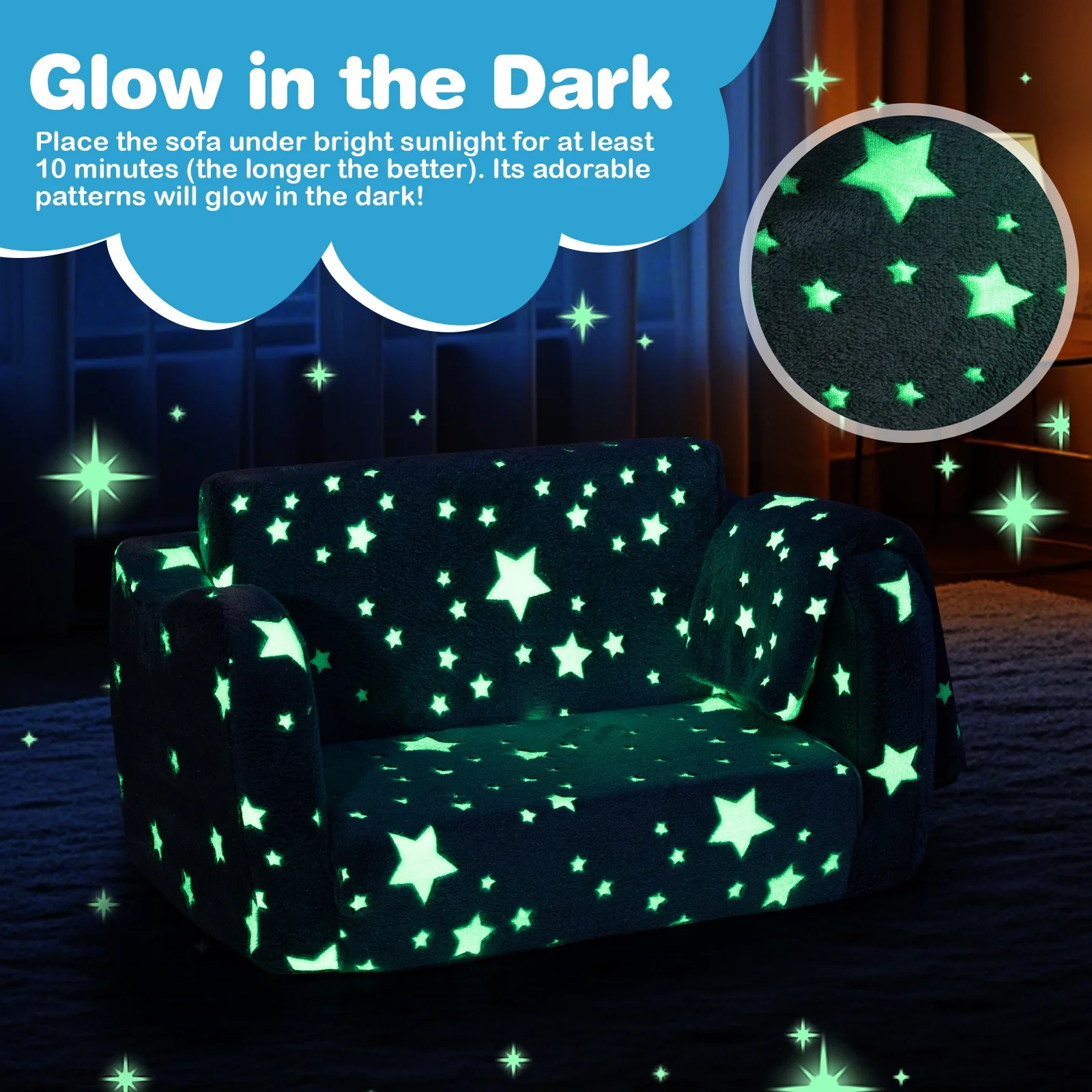 2-in-1 Folding Kids Couch With Blanket, Glow In Dark, Gray - Image 7