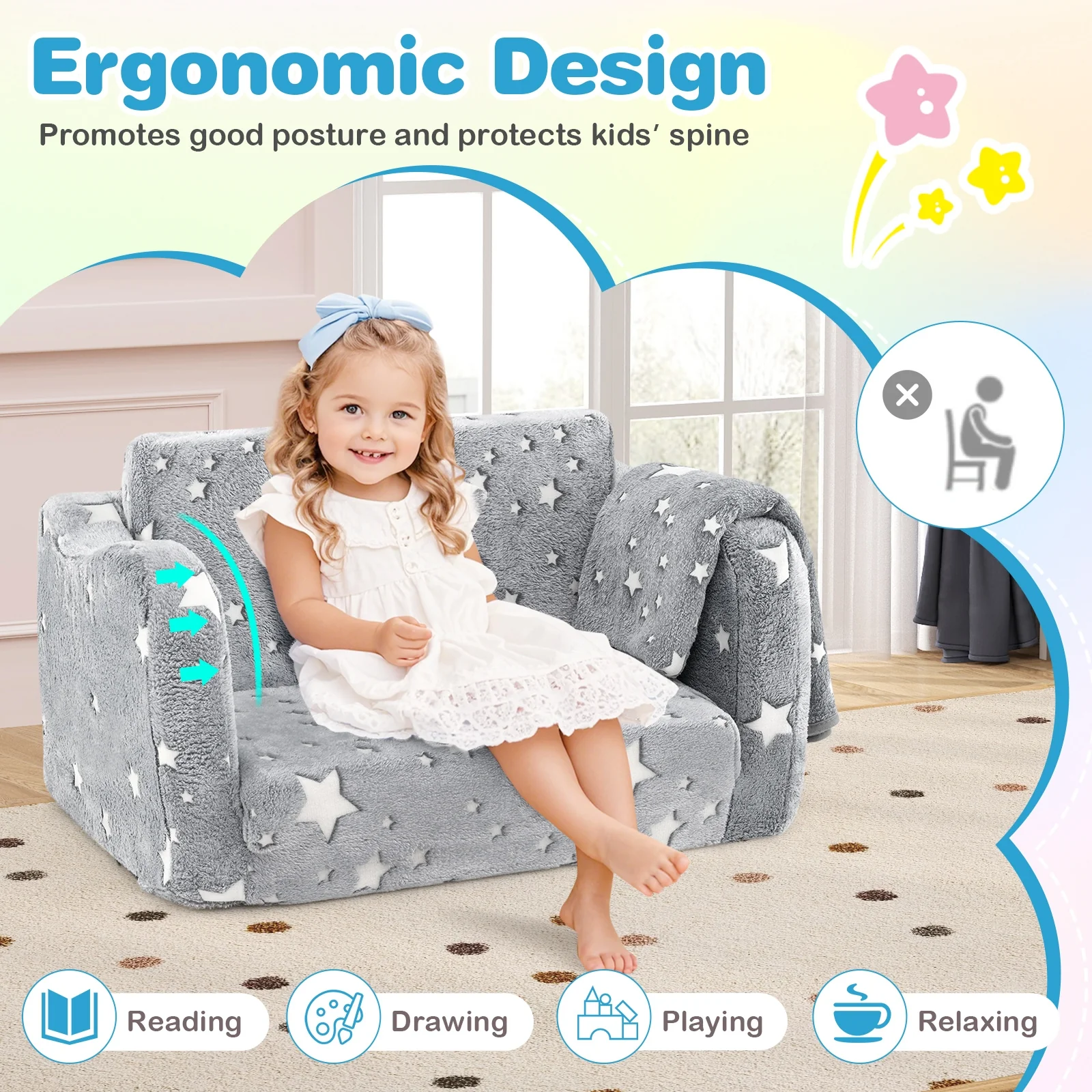 2-in-1 Folding Kids Couch With Blanket, Glow In Dark, Gray - Image 8