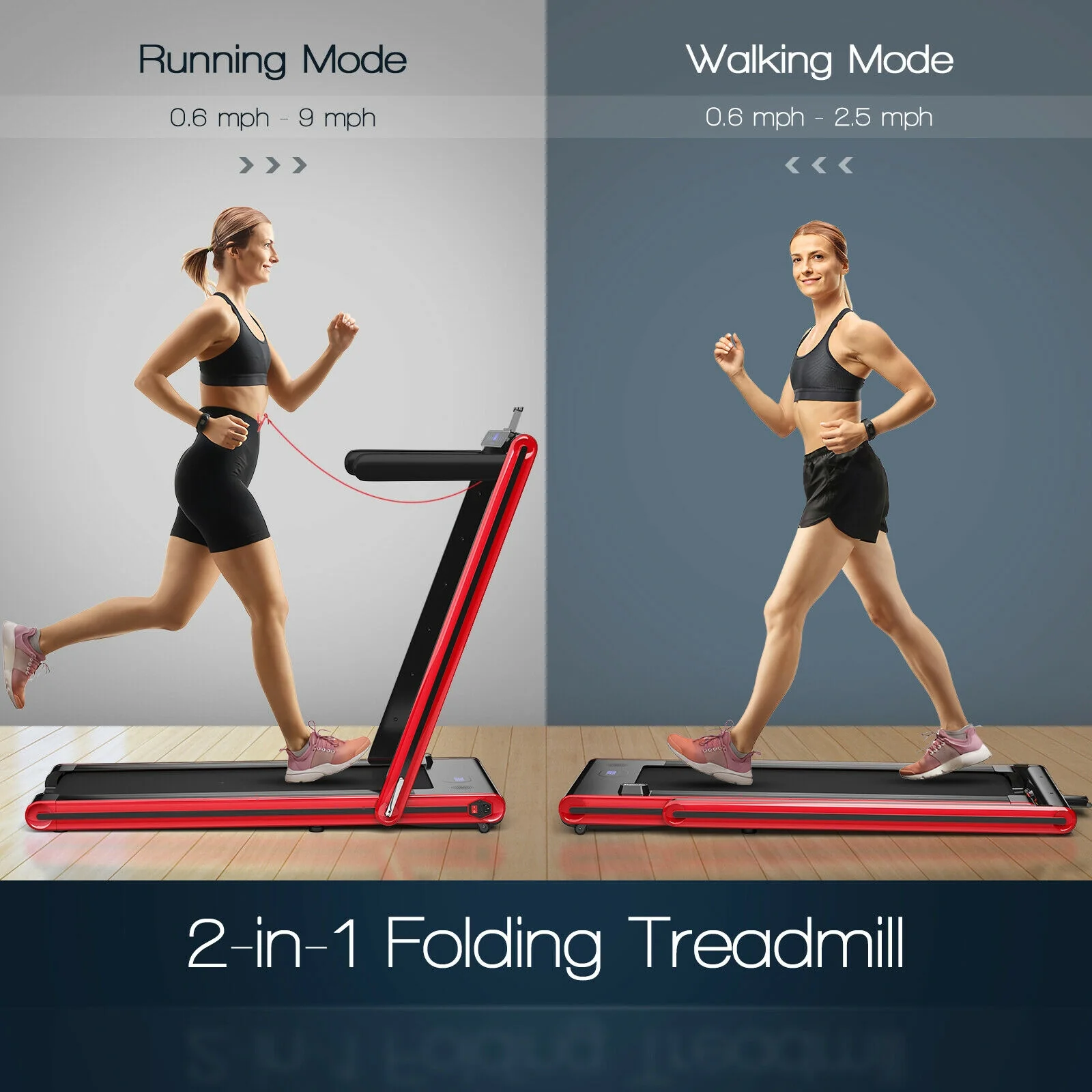 2-In-1 Folding Treadmill, 2.25HP, Red - Image 8