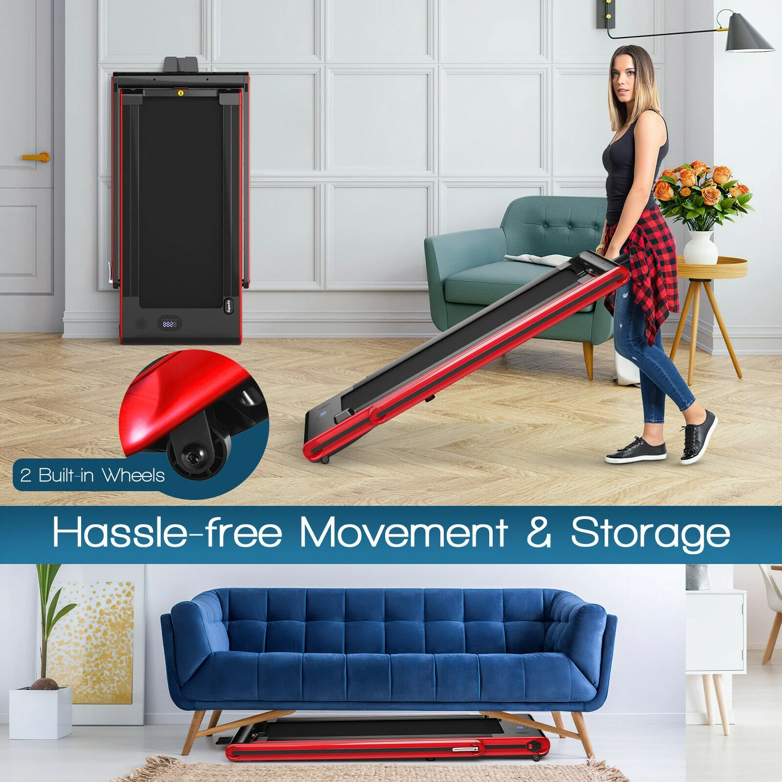 2-In-1 Folding Treadmill, 2.25HP, Red - Image 9