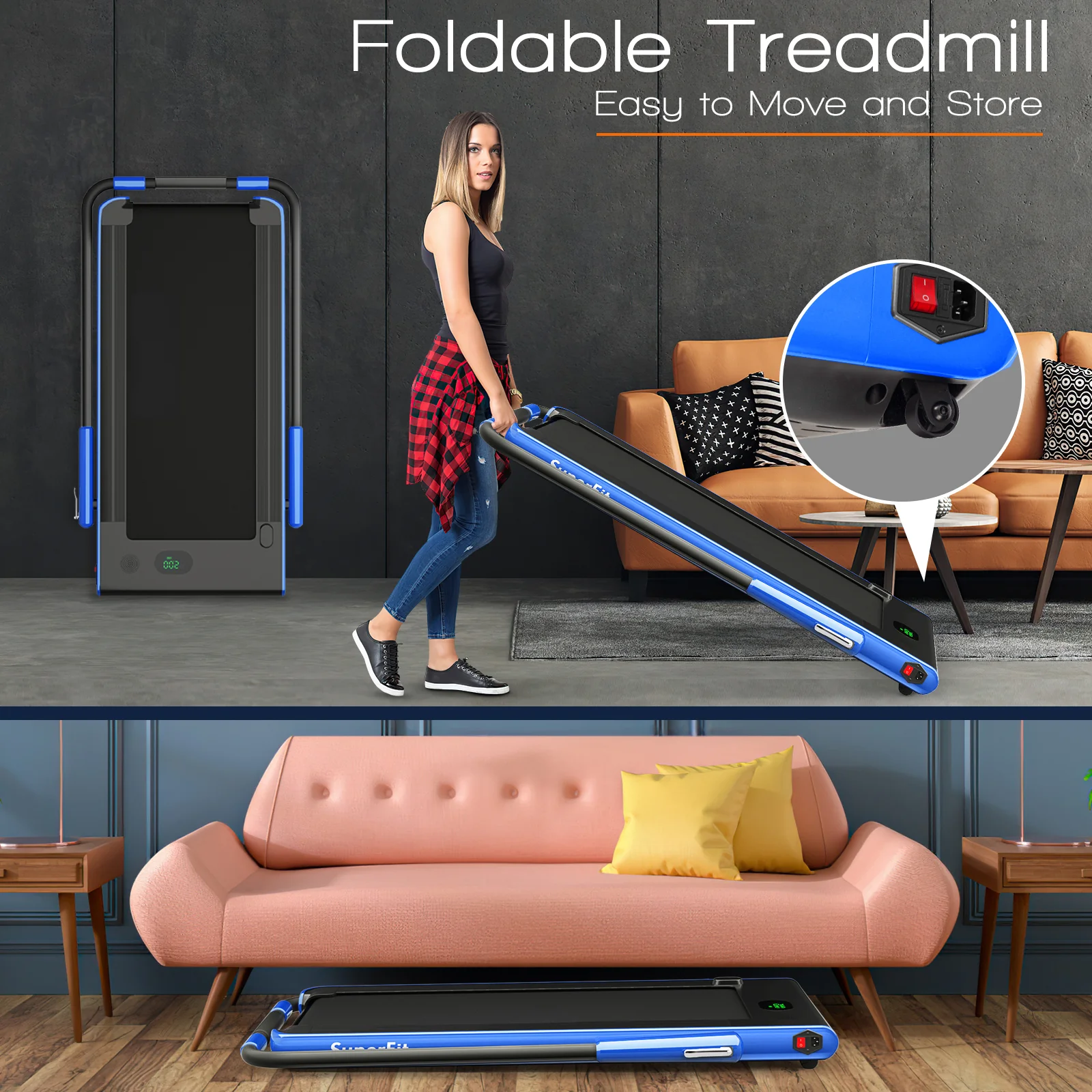 2-In-1 Folding Treadmill, Remote Control, LED Display, Blue - Image 3
