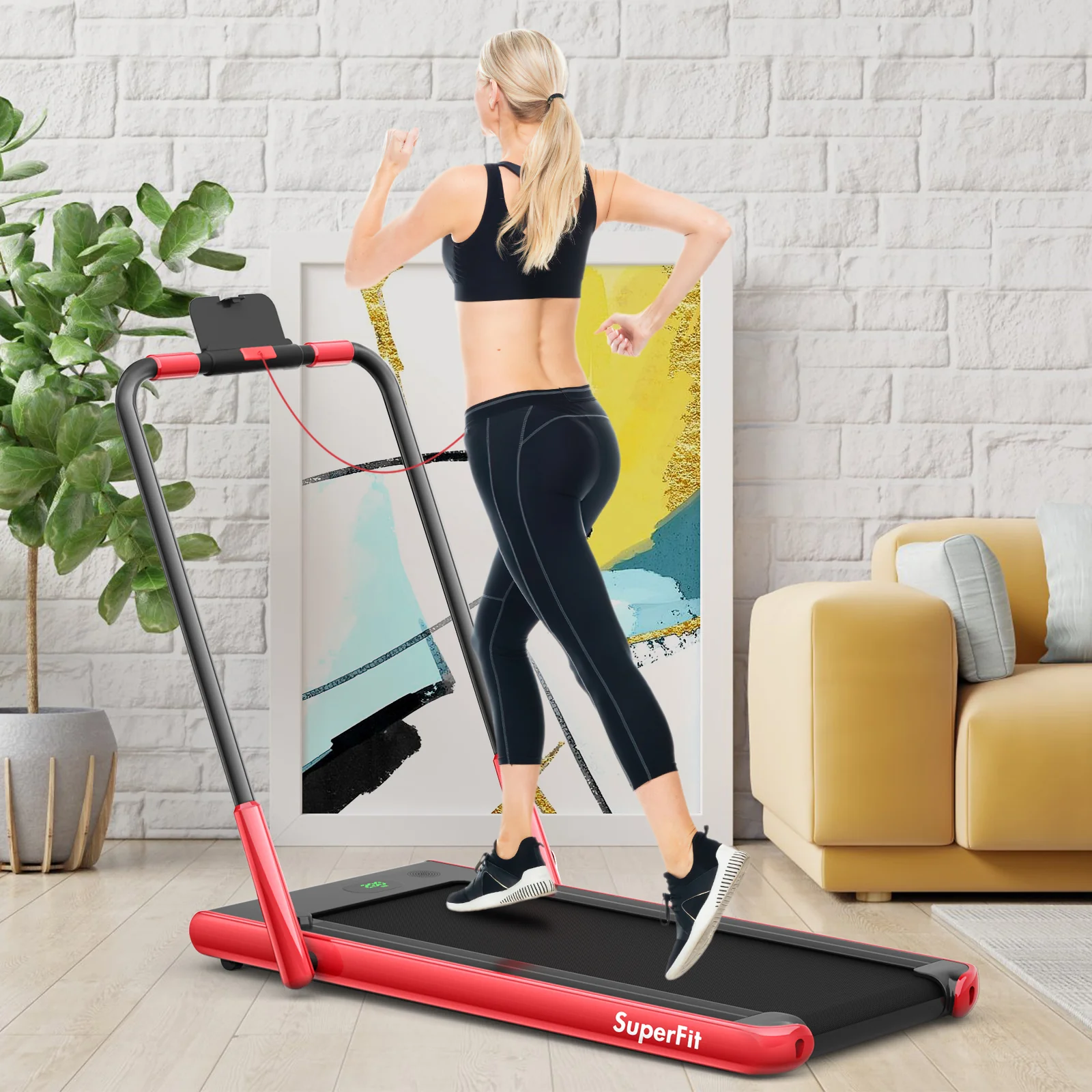 2-In-1 Folding Treadmill With Remote Control, LED Display, Red - Image 2