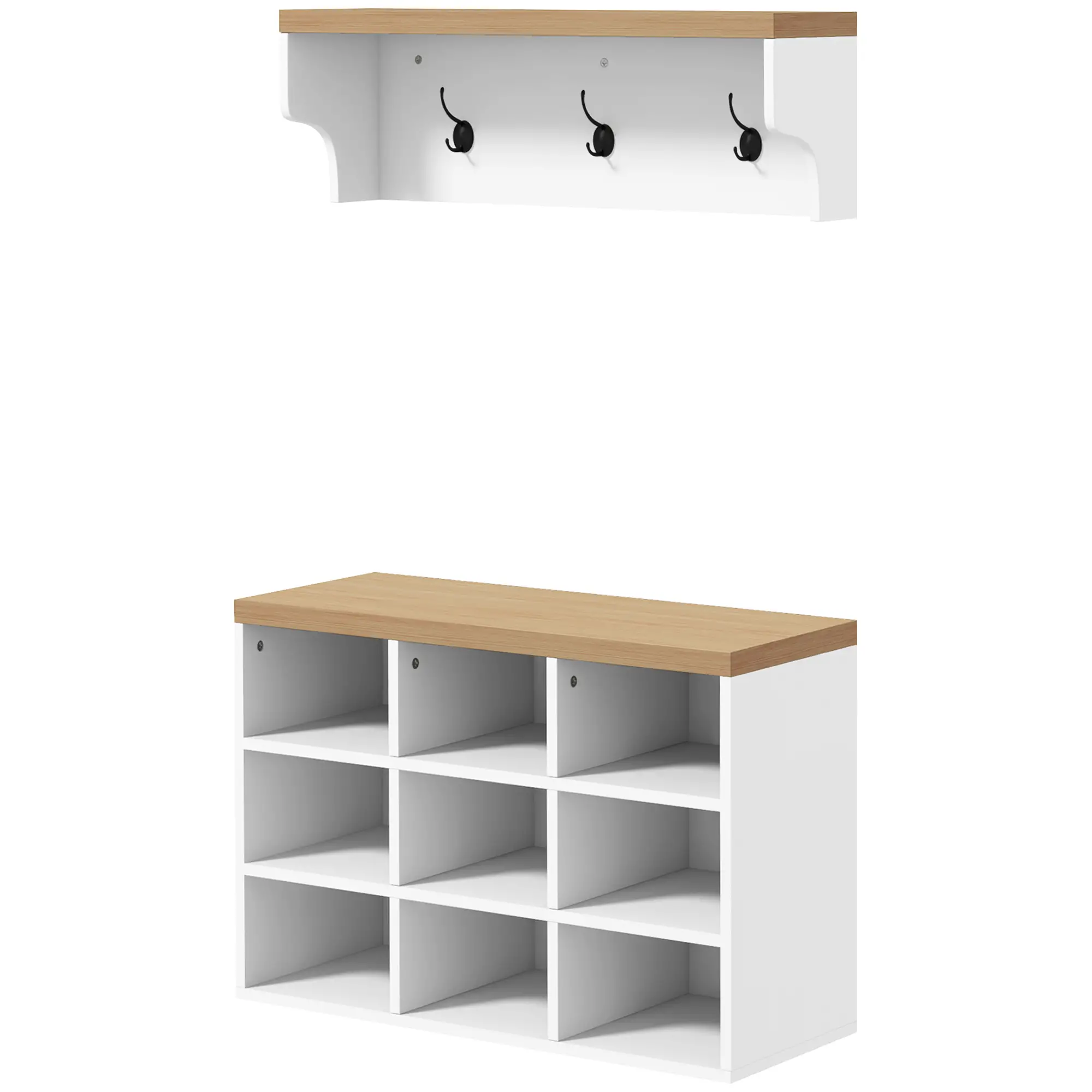 2-in-1 Hall Tree, 5-Hook Coat Rack Shoe Bench Set, White