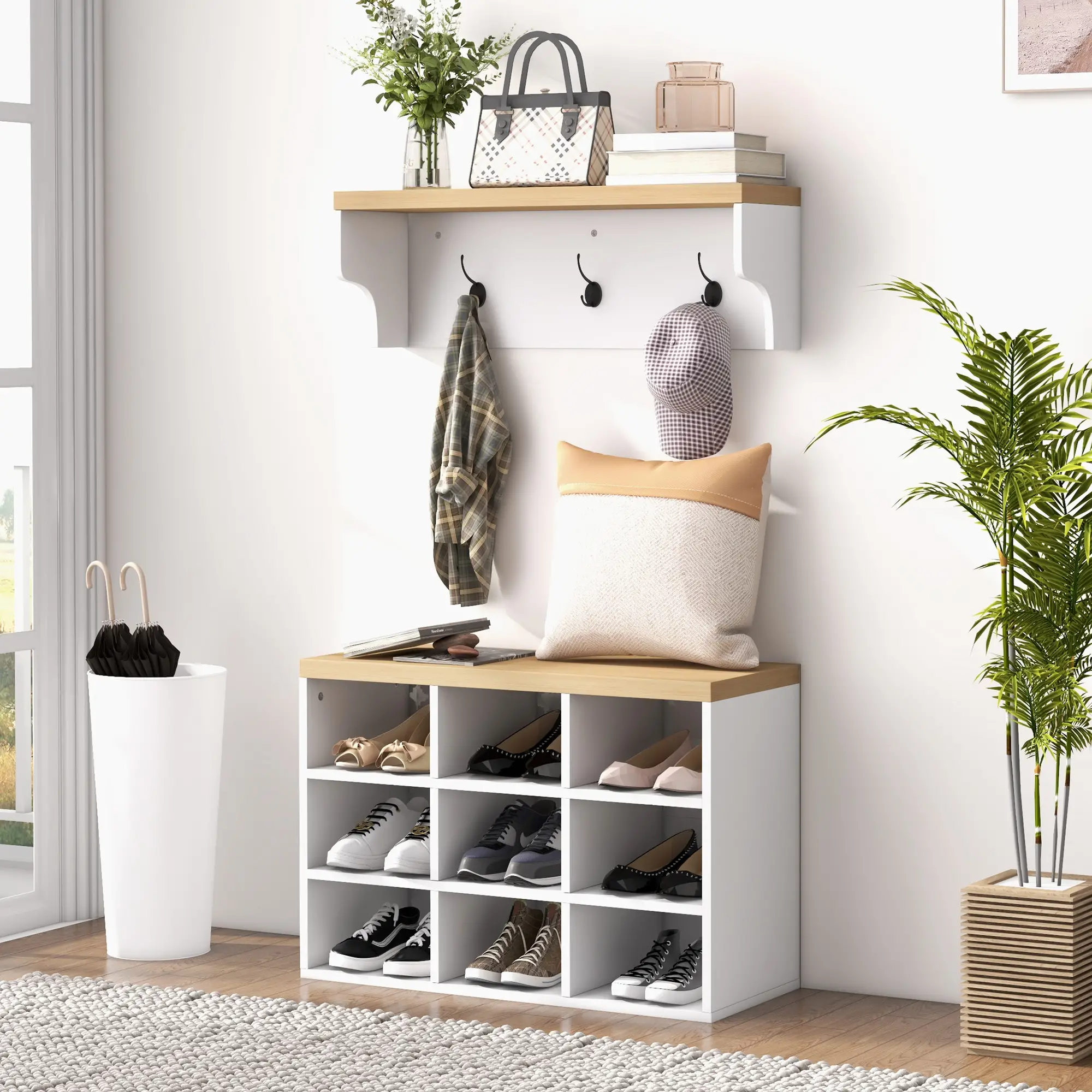 2-in-1 Hall Tree, 5-Hook Coat Rack Shoe Bench Set, White - Image 2