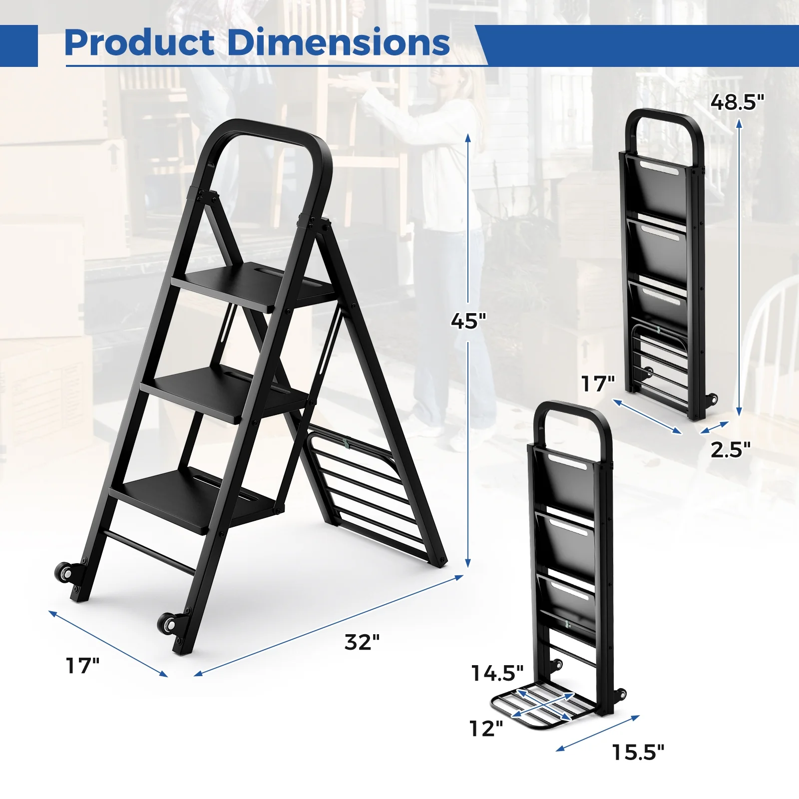 2 In 1 Hand Truck Ladder Combo, Rubber Wheels Handle, Black - Image 6
