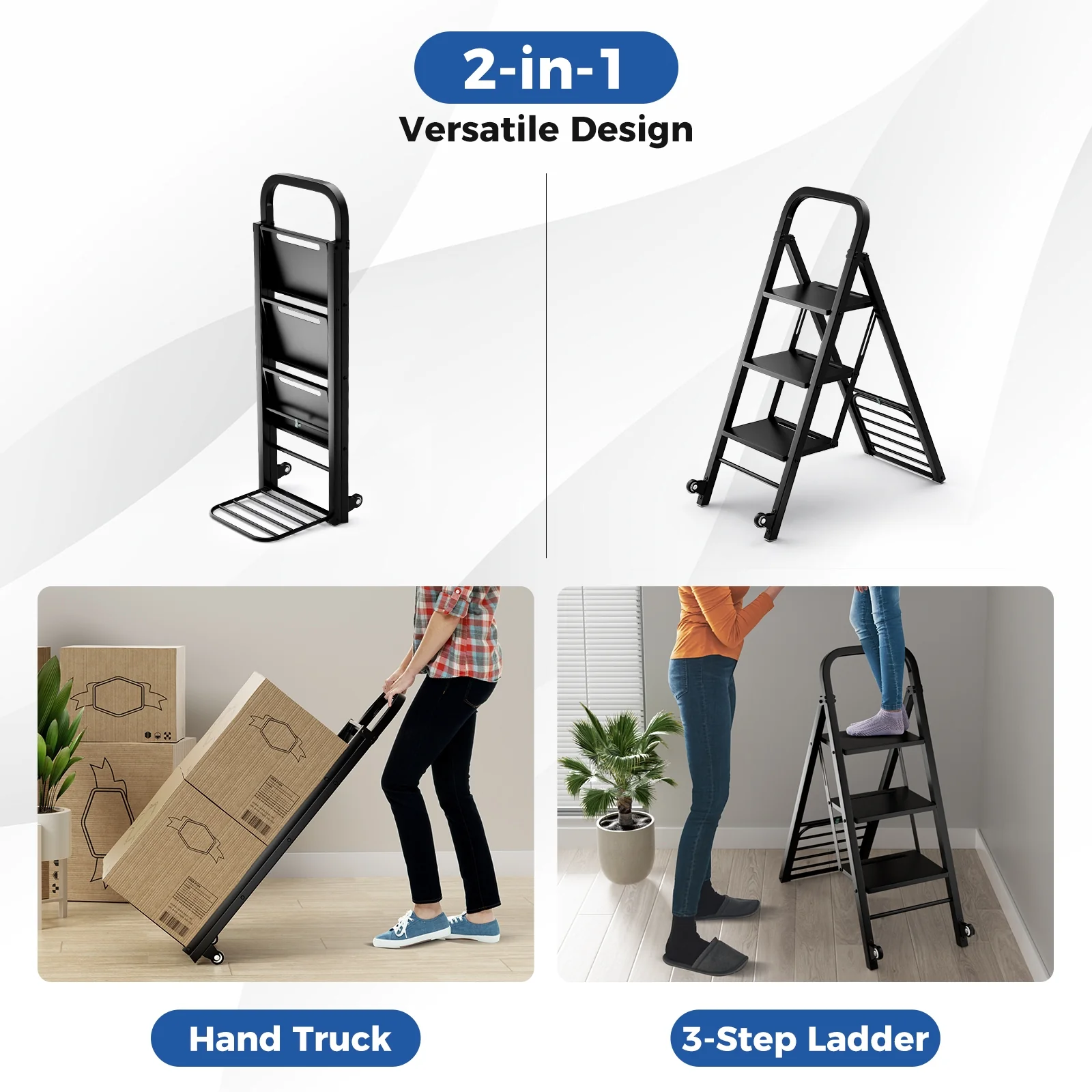 2 In 1 Hand Truck Ladder Combo, Rubber Wheels Handle, Black - Image 8