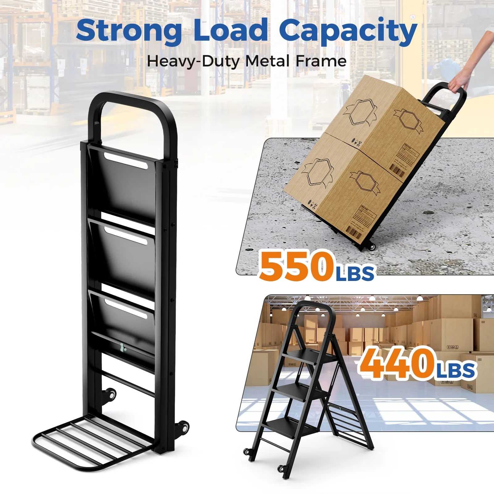 2 In 1 Hand Truck Ladder Combo, Rubber Wheels Handle, Black - Image 9