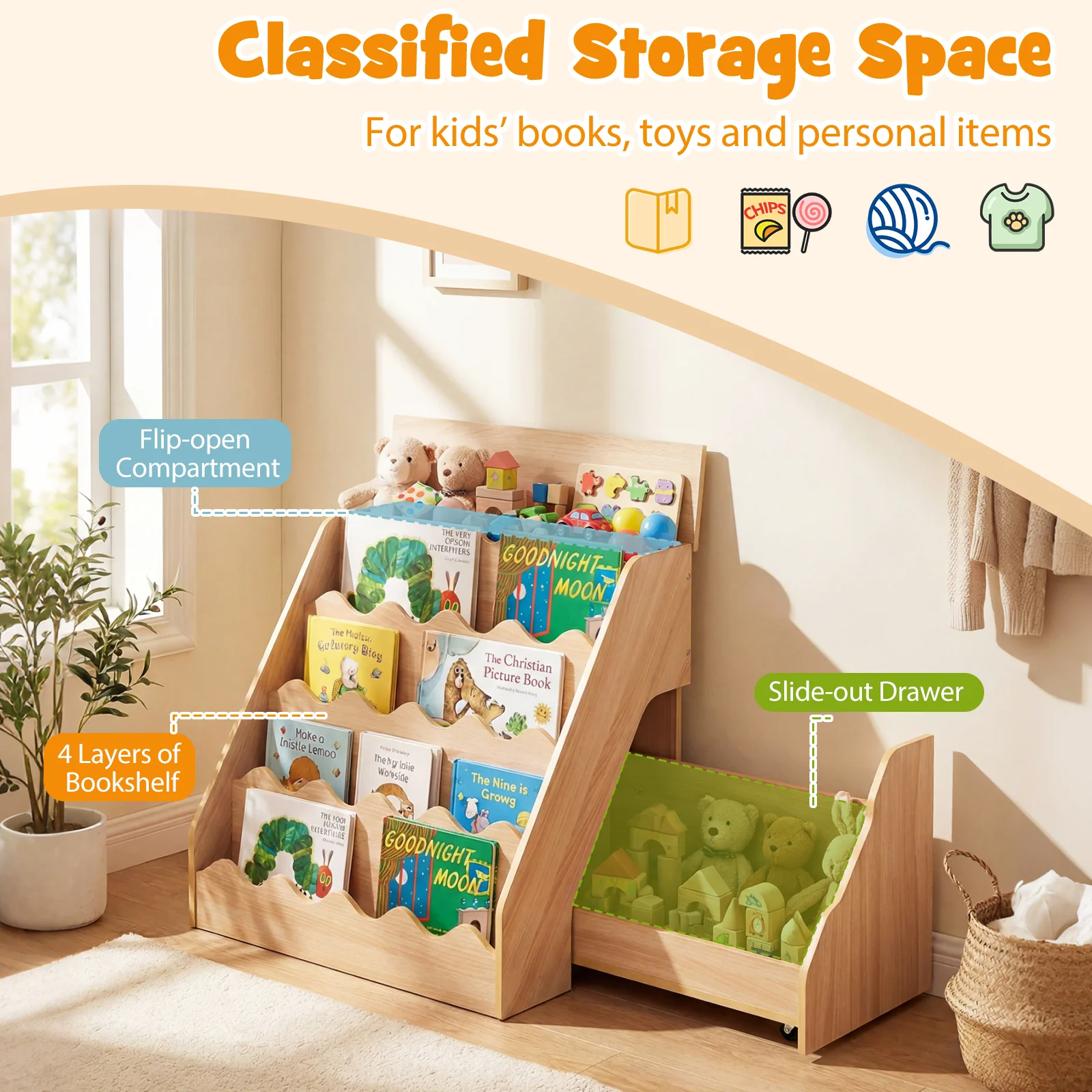 2-In-1 Kids Bookshelf And Toy Storage Organizer, Natural - Image 7