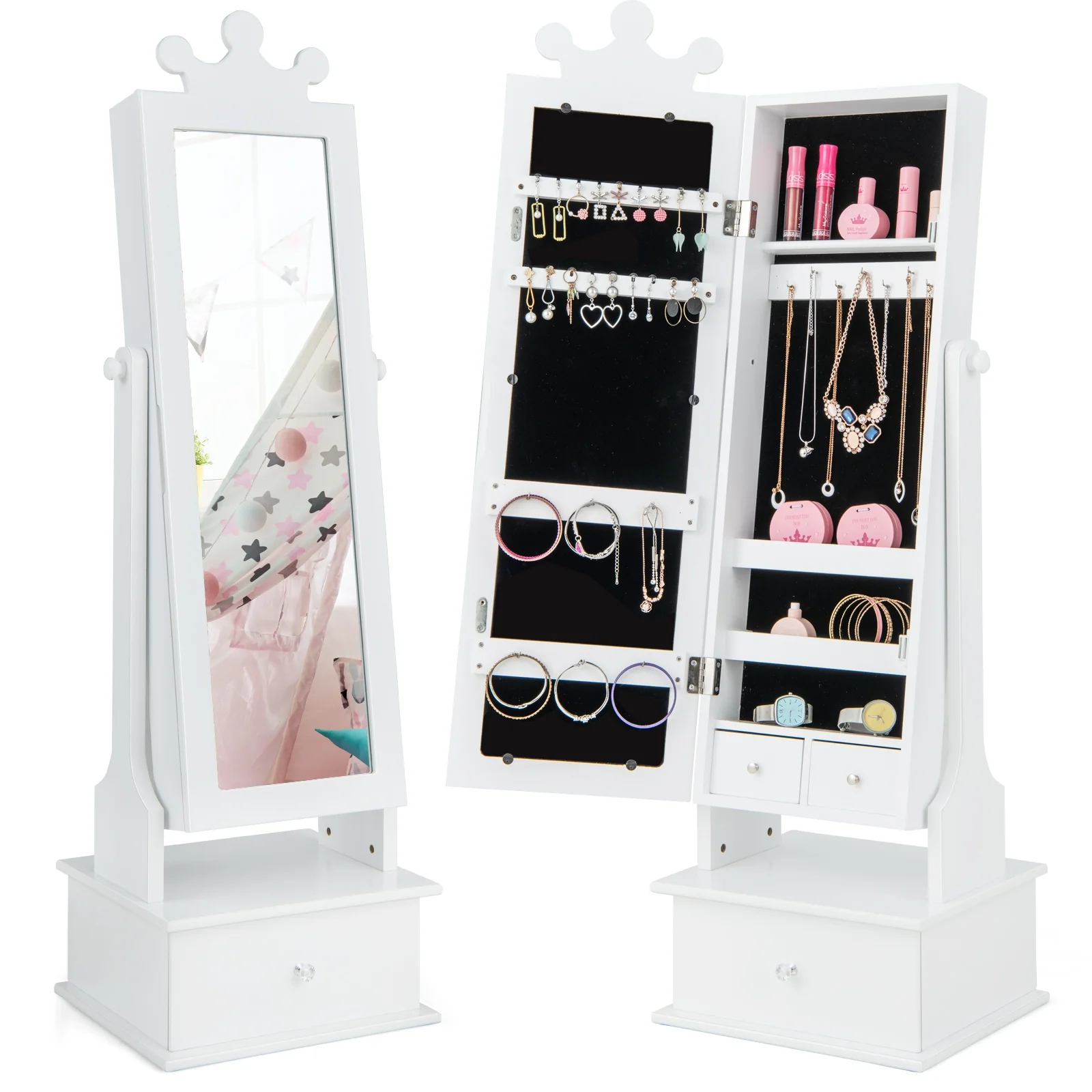2-In-1 Kids Play Jewelry Armoire, Full Length Mirror, Drawers, White
