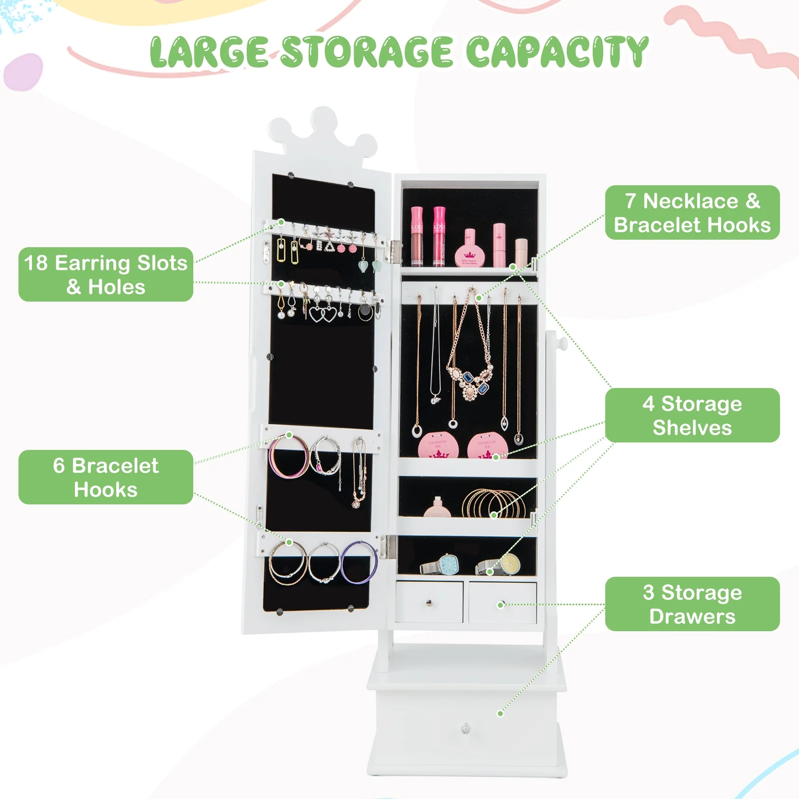 2-In-1 Kids Play Jewelry Armoire, Full Length Mirror, Drawers, White - Image 10