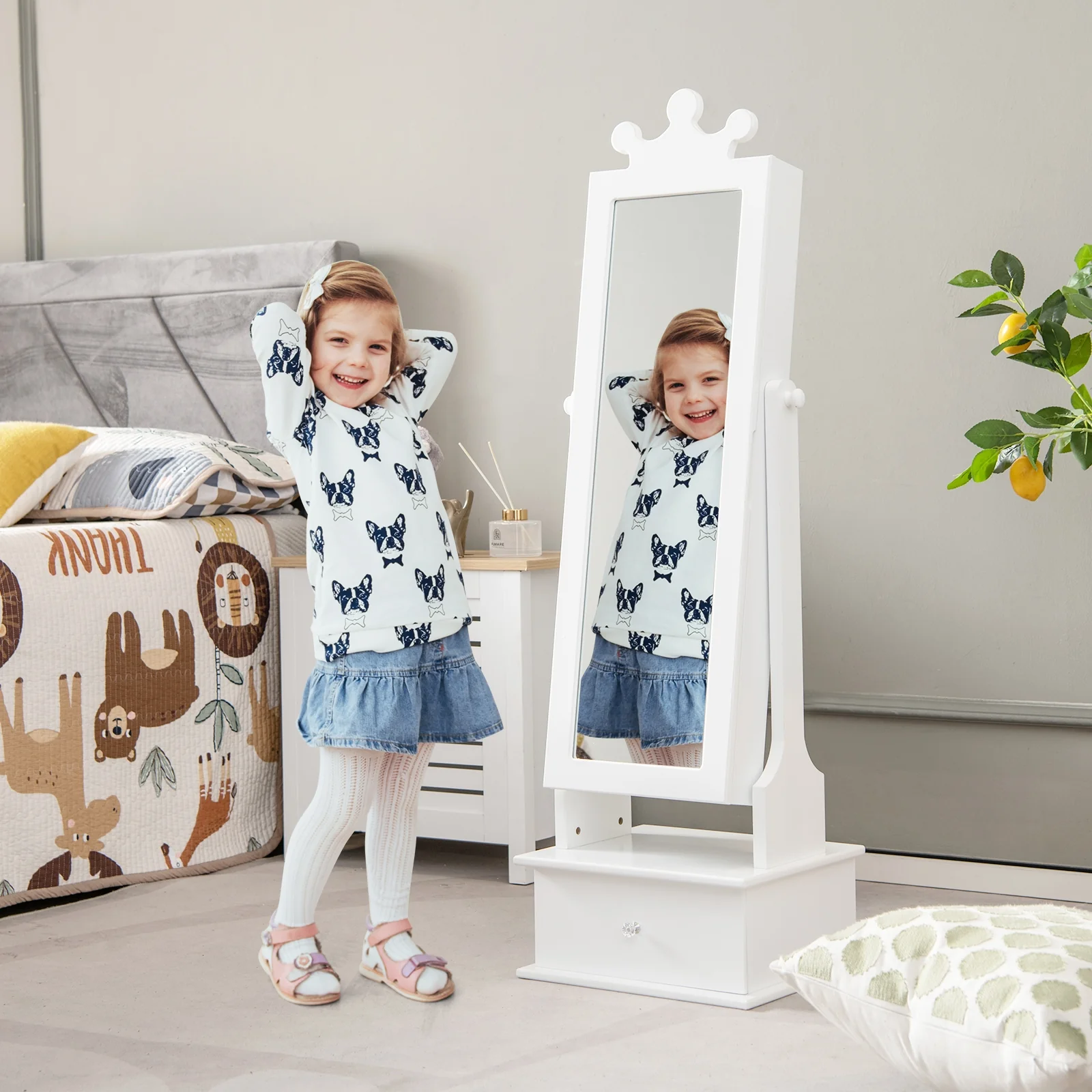 2-In-1 Kids Play Jewelry Armoire, Full Length Mirror, Drawers, White - Image 2