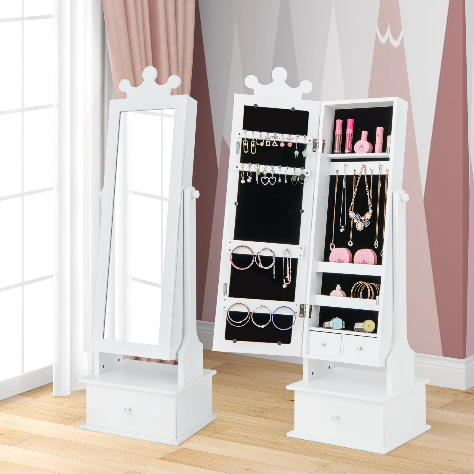 2-In-1 Kids Play Jewelry Armoire, Full Length Mirror, Drawers, White - Image 3