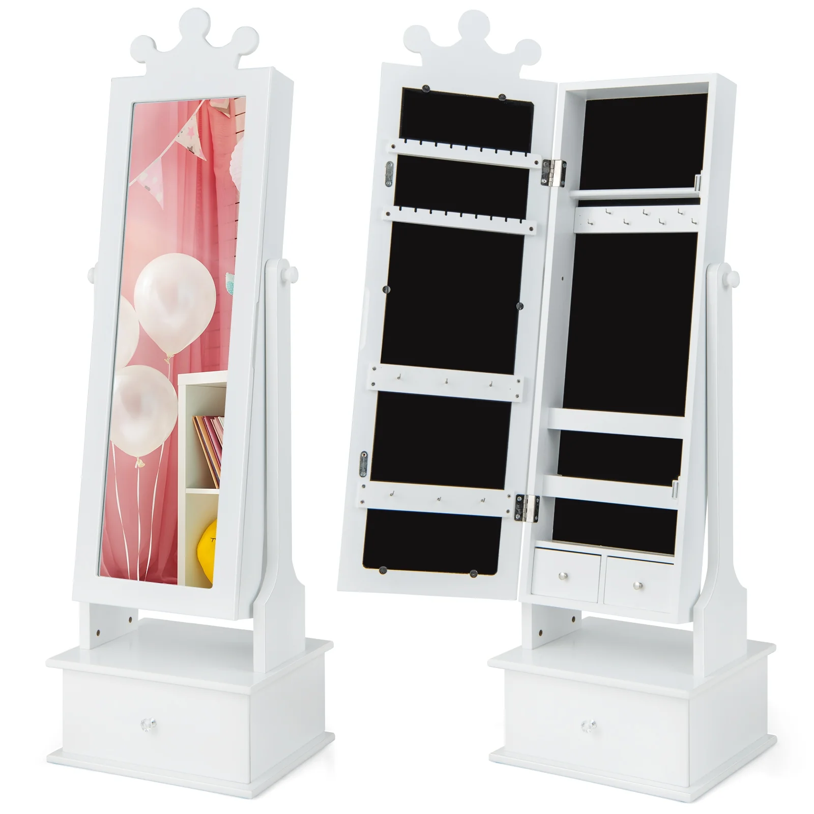 2-In-1 Kids Play Jewelry Armoire, Full Length Mirror, Drawers, White - Image 5