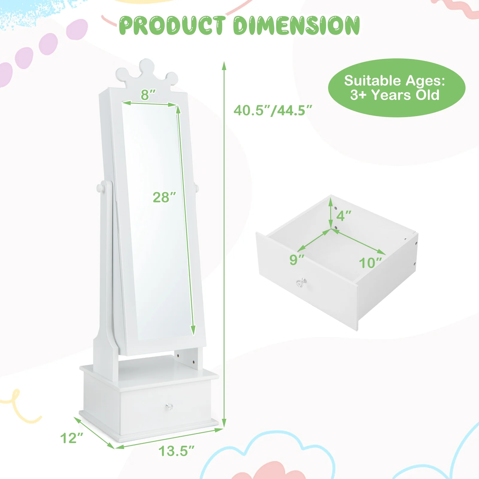 2-In-1 Kids Play Jewelry Armoire, Full Length Mirror, Drawers, White - Image 6