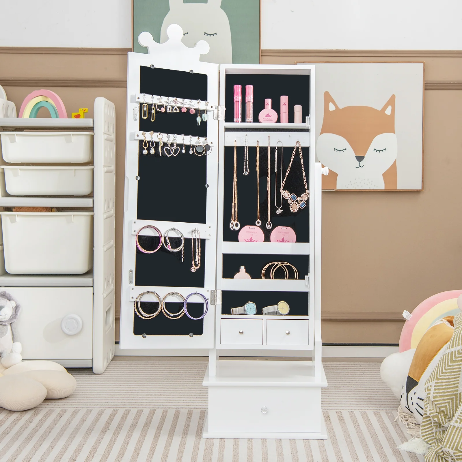 2-In-1 Kids Play Jewelry Armoire, Full Length Mirror, Drawers, White - Image 7