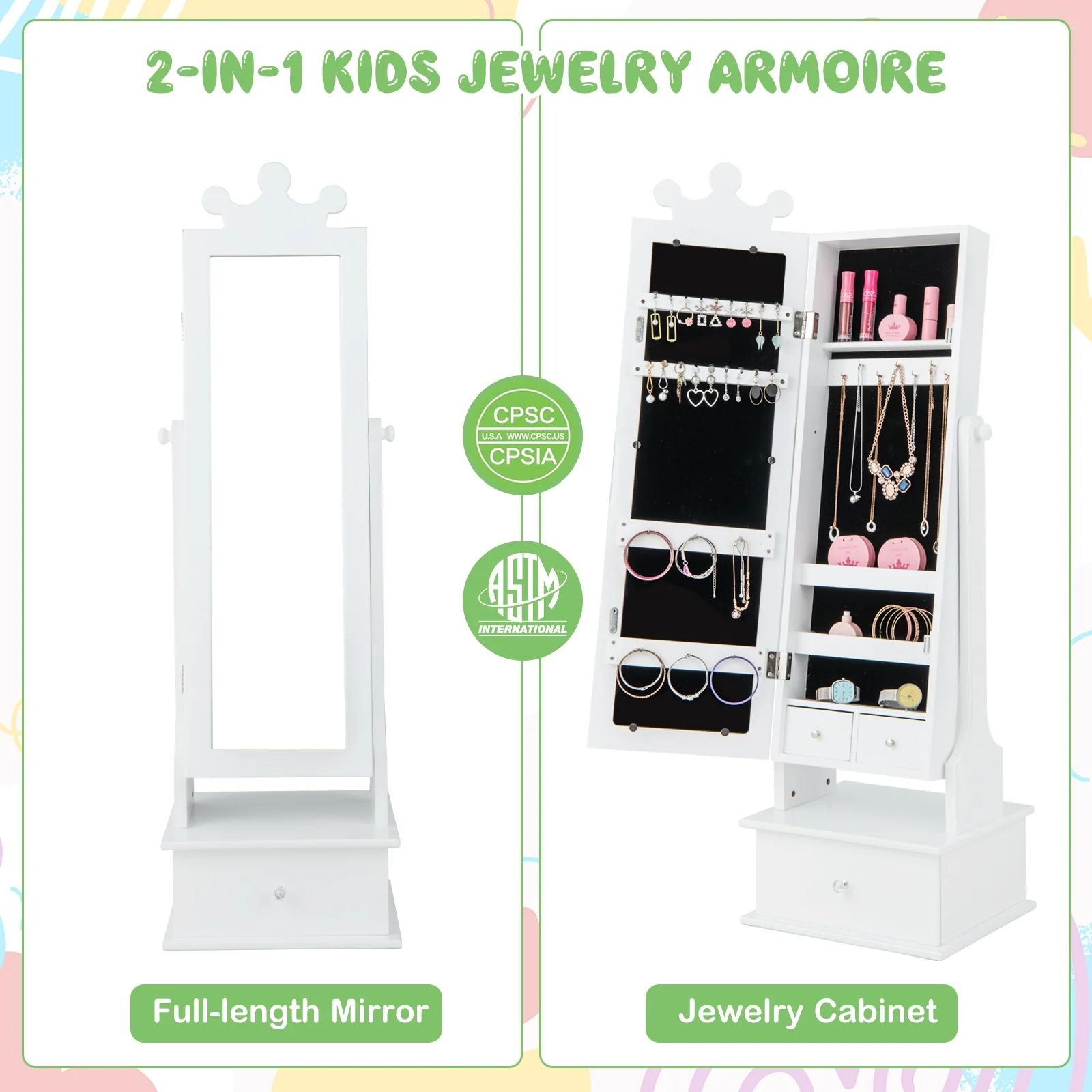 2-In-1 Kids Play Jewelry Armoire, Full Length Mirror, Drawers, White - Image 8