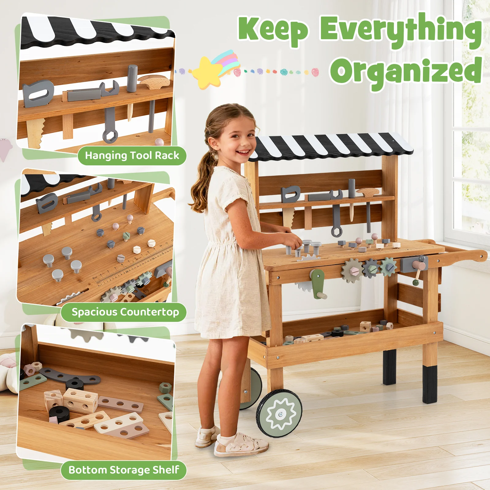 2-in-1 Kids Rolling Cart with Play Tools Set for Construction Play-BN, Brown - Image 10
