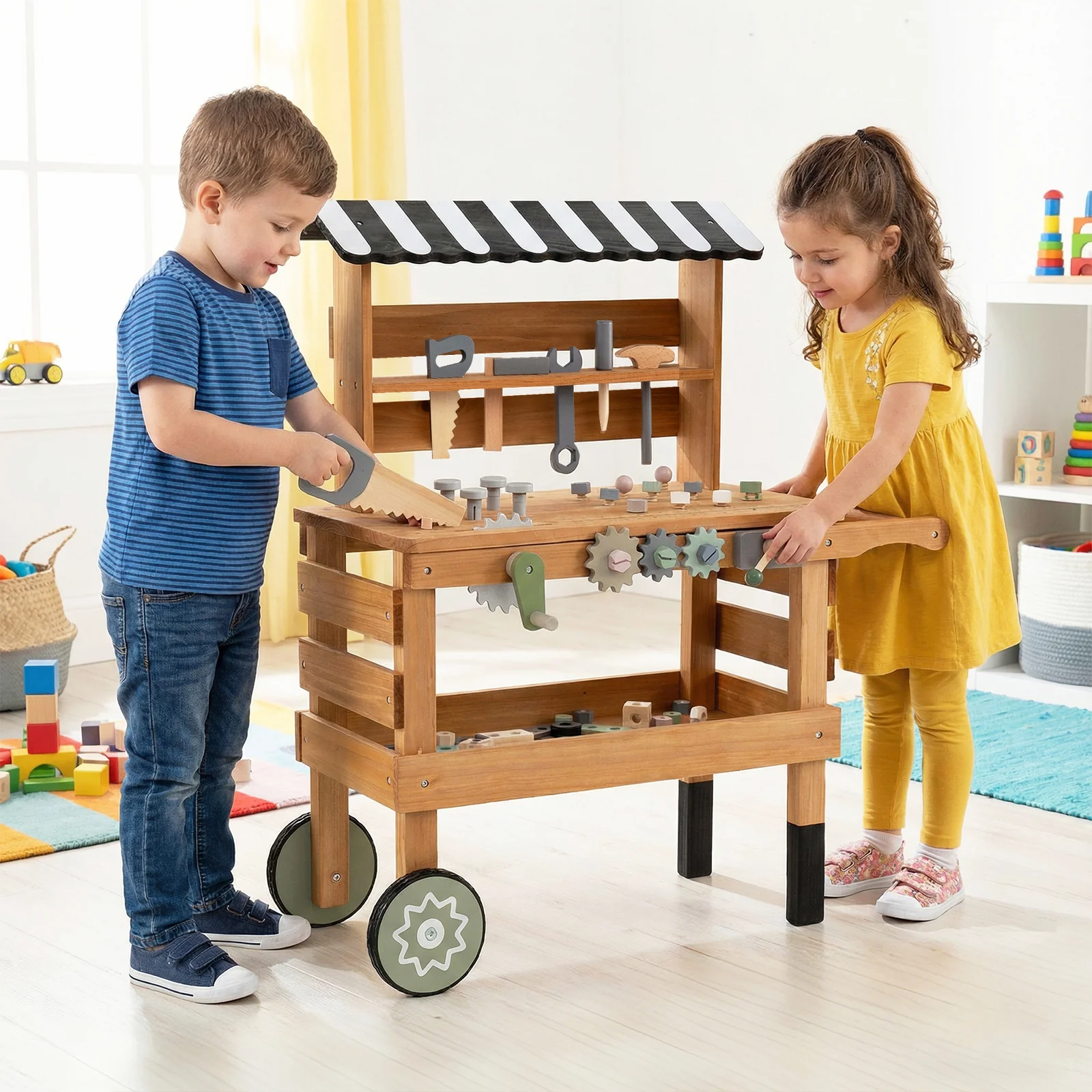 2-in-1 Kids Rolling Cart with Play Tools Set for Construction Play-BN, Brown - Image 2