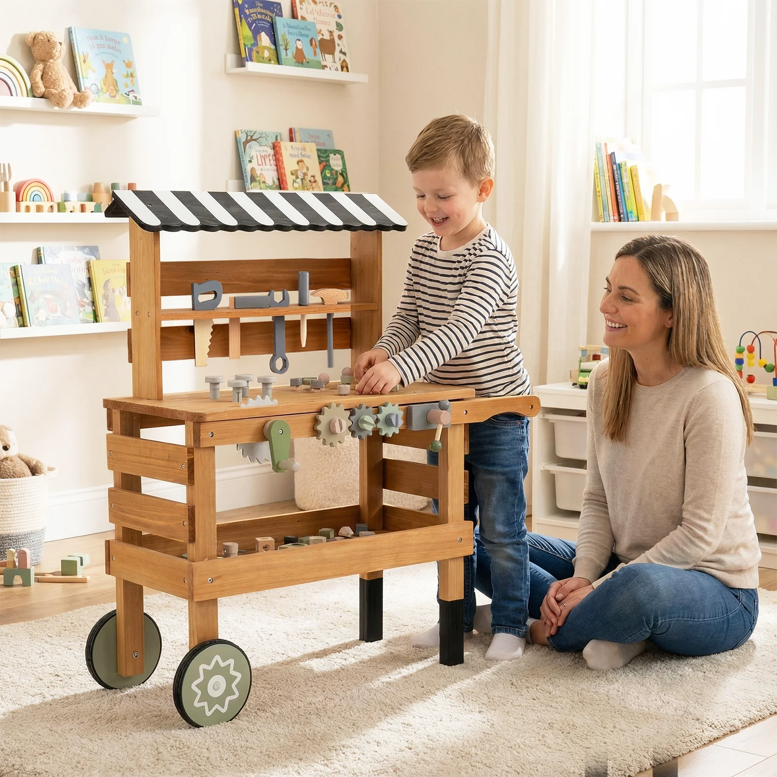 2-in-1 Kids Rolling Cart with Play Tools Set for Construction Play-BN, Brown - Image 3