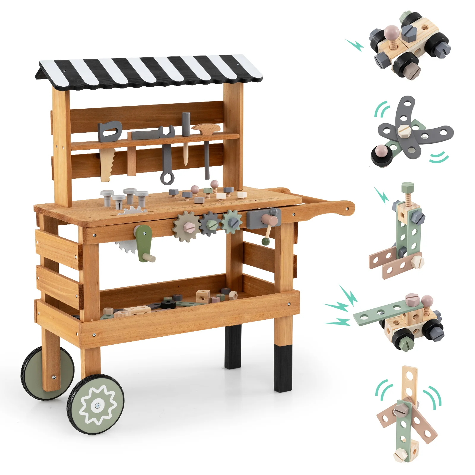 2-in-1 Kids Rolling Cart with Play Tools Set for Construction Play-BN, Brown - Image 4