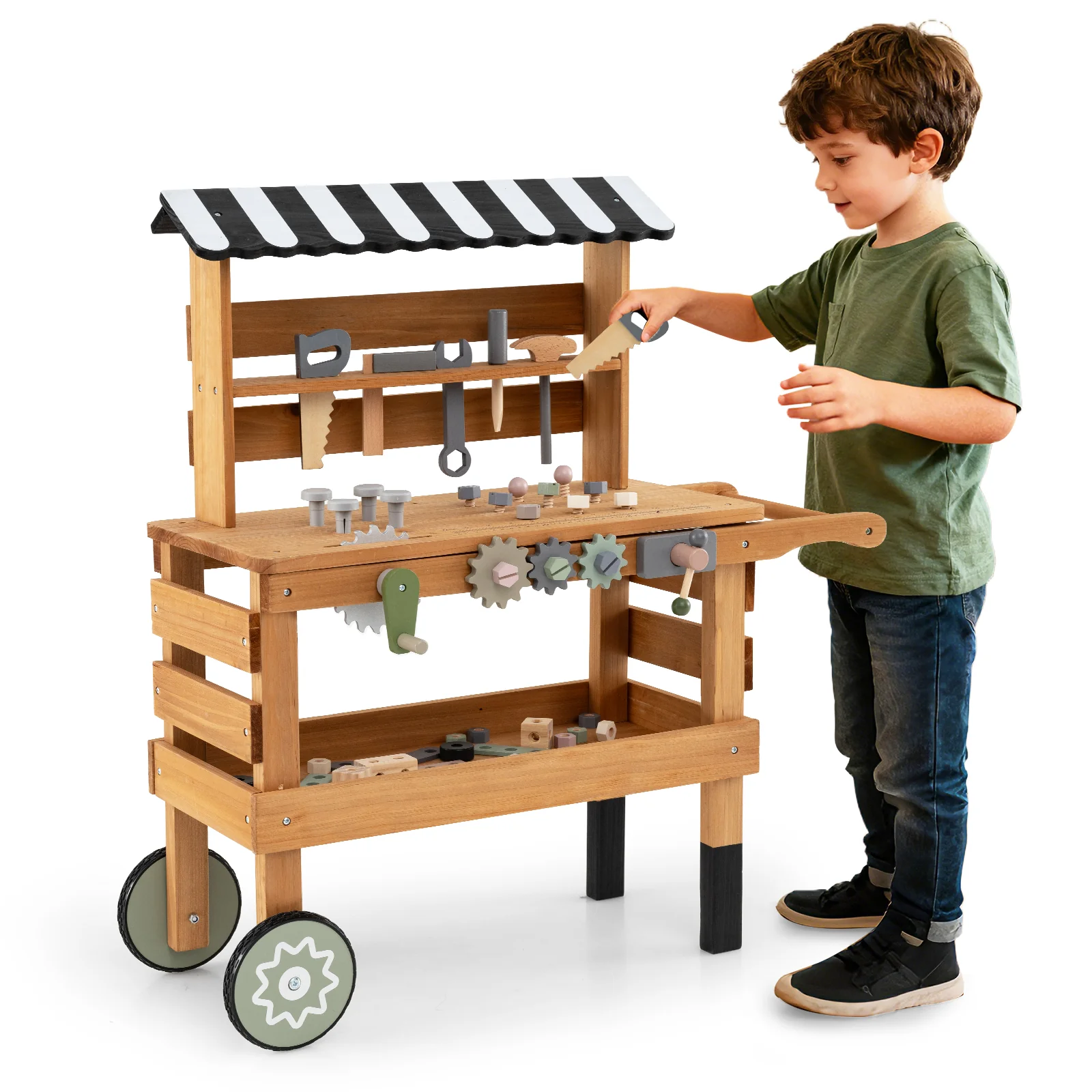 2-in-1 Kids Rolling Cart with Play Tools Set for Construction Play-BN, Brown - Image 5
